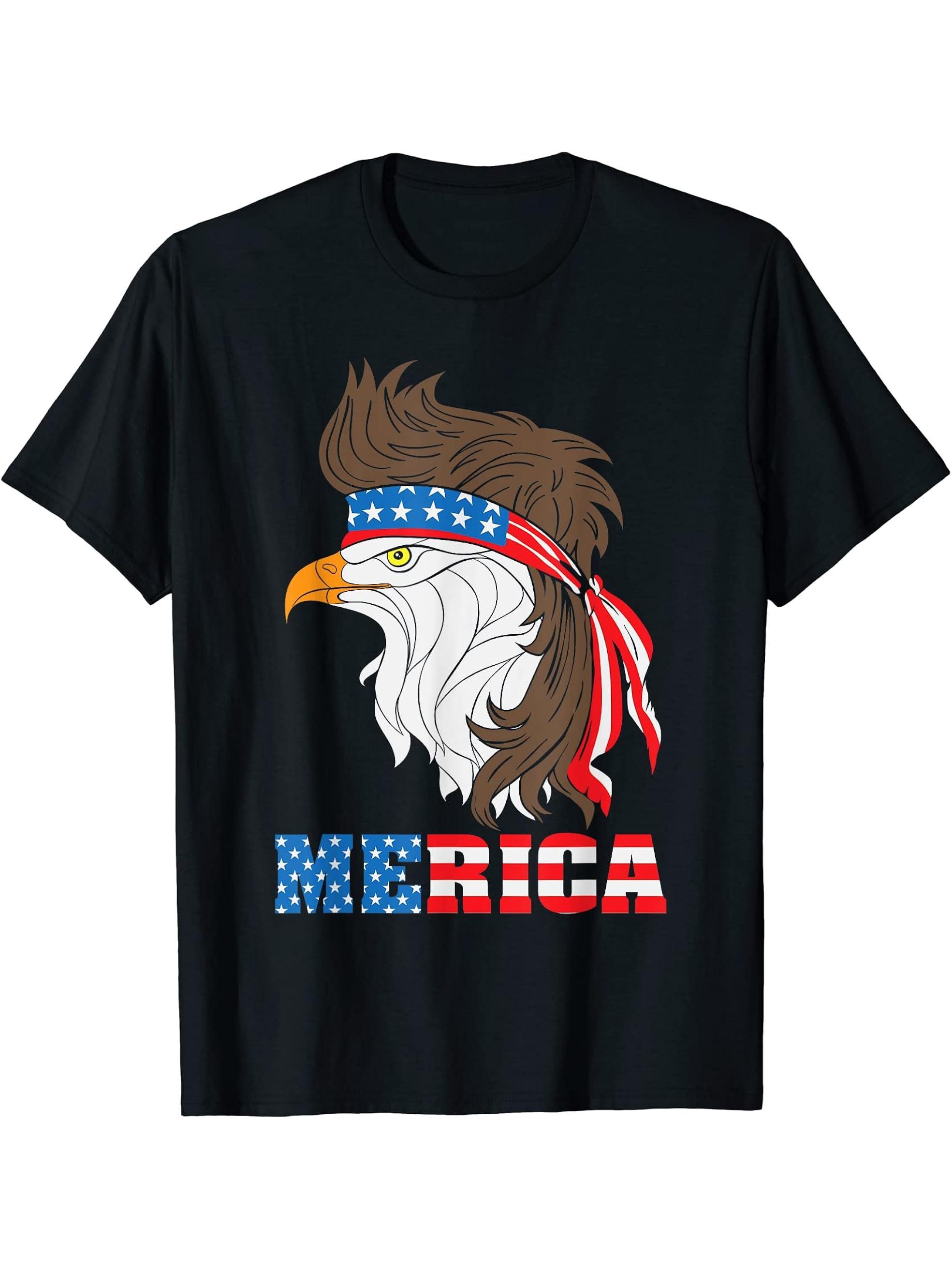 America Patriotic Bald Eagle With Mulle, July 4tht T-Shirt 180G 100% Cotton Printed Round Neck Short-Sleeve T-Shirt, Gifts for Men Dad Husband Grandpa, S-XXXL, Black
