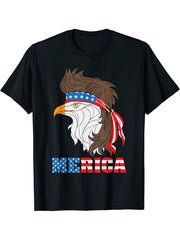 America Patriotic Bald Eagle With Mulle, July 4tht T-Shirt 180G 100% Cotton Printed Round Neck Short-Sleeve T-Shirt, Gifts for Men Dad Husband Grandpa, S-XXXL, Black