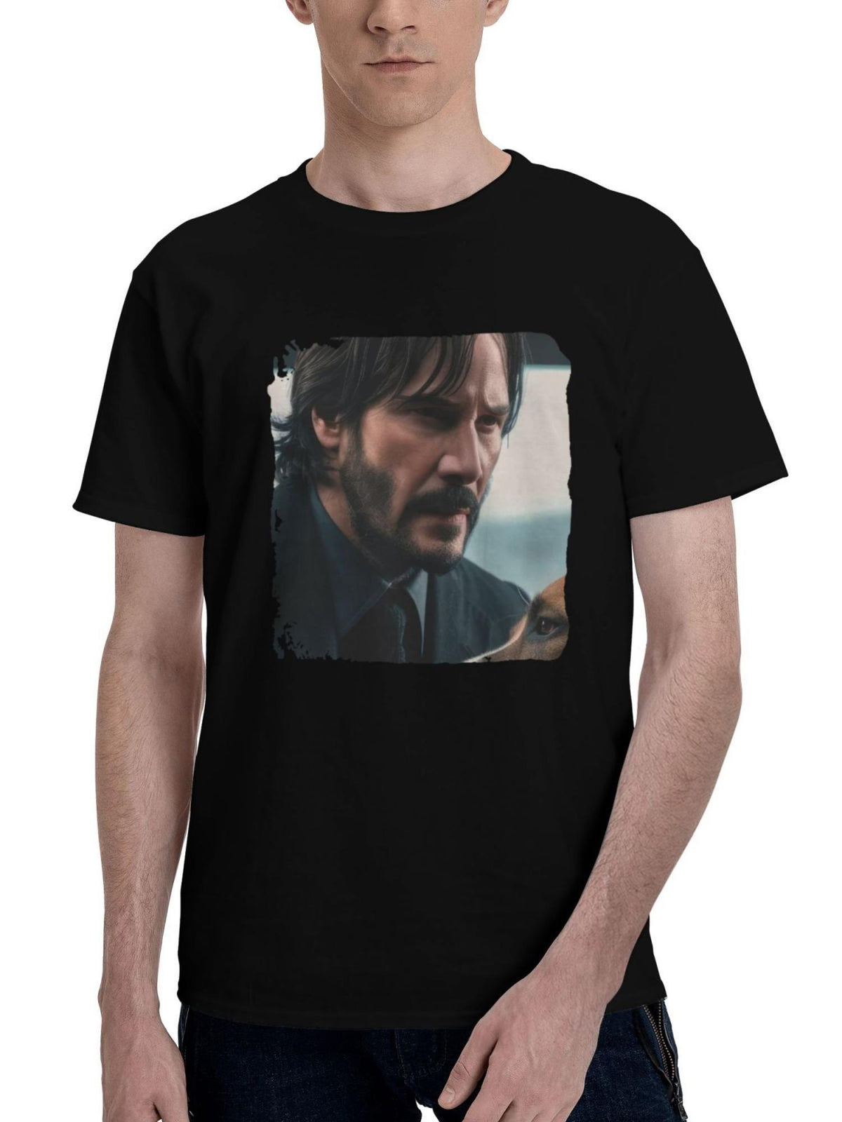 John-Wick And His Dog 180G 100% Cotton Printed Round Neck Short-Sleeve T-Shirt, Christmas Gifts for Men Dad Husband Grandpa, S-XXXL, Black