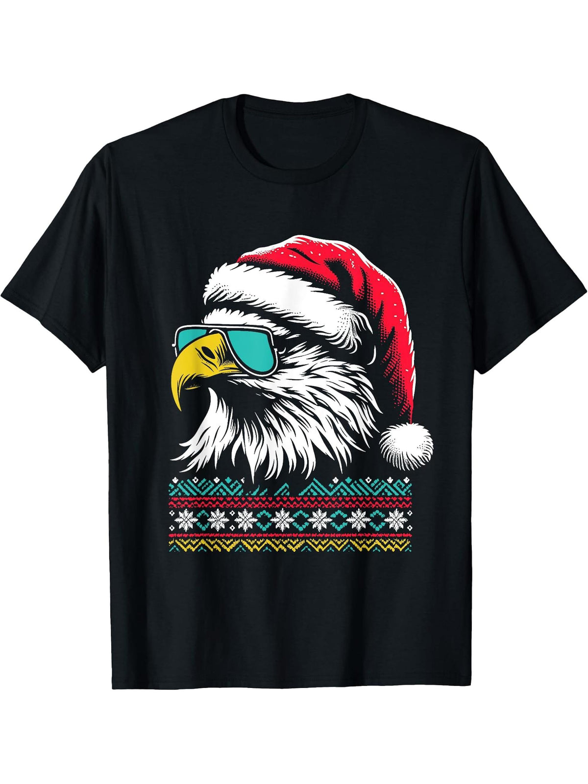Bald Eagle Santa Hat - Vintage Eagle Xmas Ugly Christmas T-Shirt 180G 100% Cotton Printed Round Neck Short-Sleeve T-Shirt, Gifts for Men Dad Husband Grandpa, S-XXXL, Black