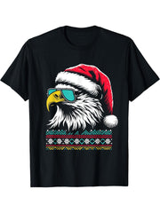 Bald Eagle Santa Hat - Vintage Eagle Xmas Ugly Christmas T-Shirt 180G 100% Cotton Printed Round Neck Short-Sleeve T-Shirt, Gifts for Men Dad Husband Grandpa, S-XXXL, Black