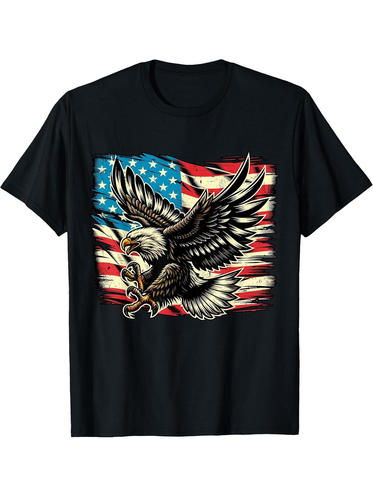 American Bald Eagle with USA Flag 4th of July T-Shirt 180G 100% Cotton Printed Round Neck Short-Sleeve T-Shirt, Gifts for Men Dad Husband Grandpa, S-XXXL, Black