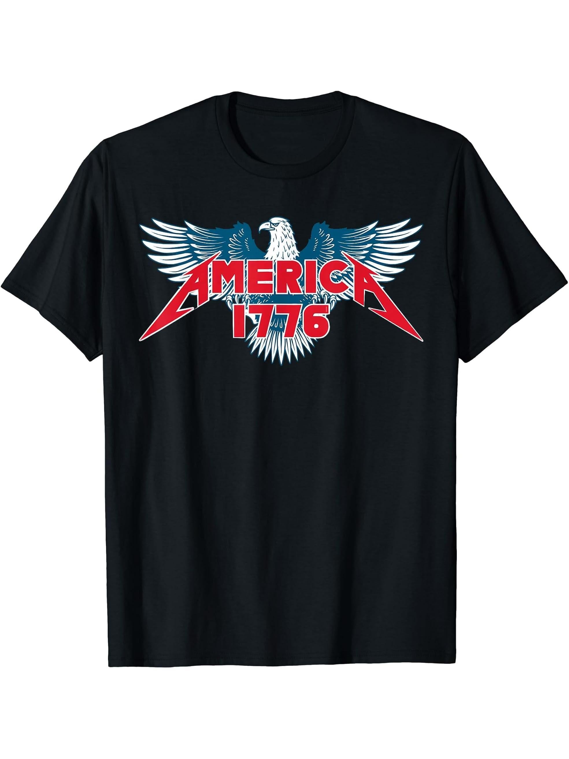 America 1776 Flying Bald Eagle American USA Flag 4th of July T-Shirt 180G 100% Cotton Printed Round Neck Short-Sleeve T-Shirt, Gifts for Men Dad Husband Grandpa, S-XXXL, Black