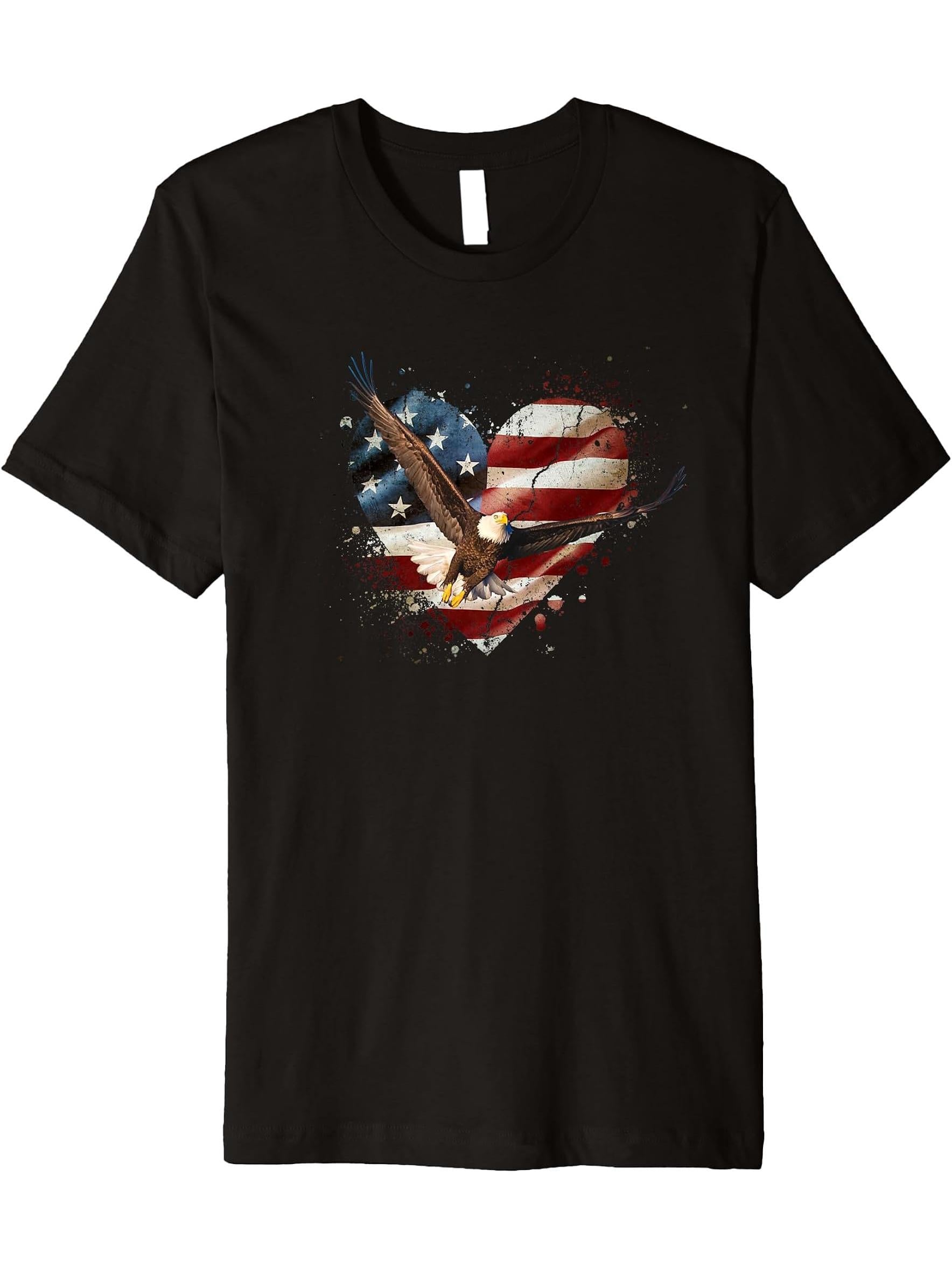 Flying Bald Eagle Vintage American Flag Heart 4th of July Premium T-Shirt 180G 100% Cotton Printed Round Neck Short-Sleeve T-Shirt, Gifts for Men Dad Husband Grandpa, S-XXXL, Black