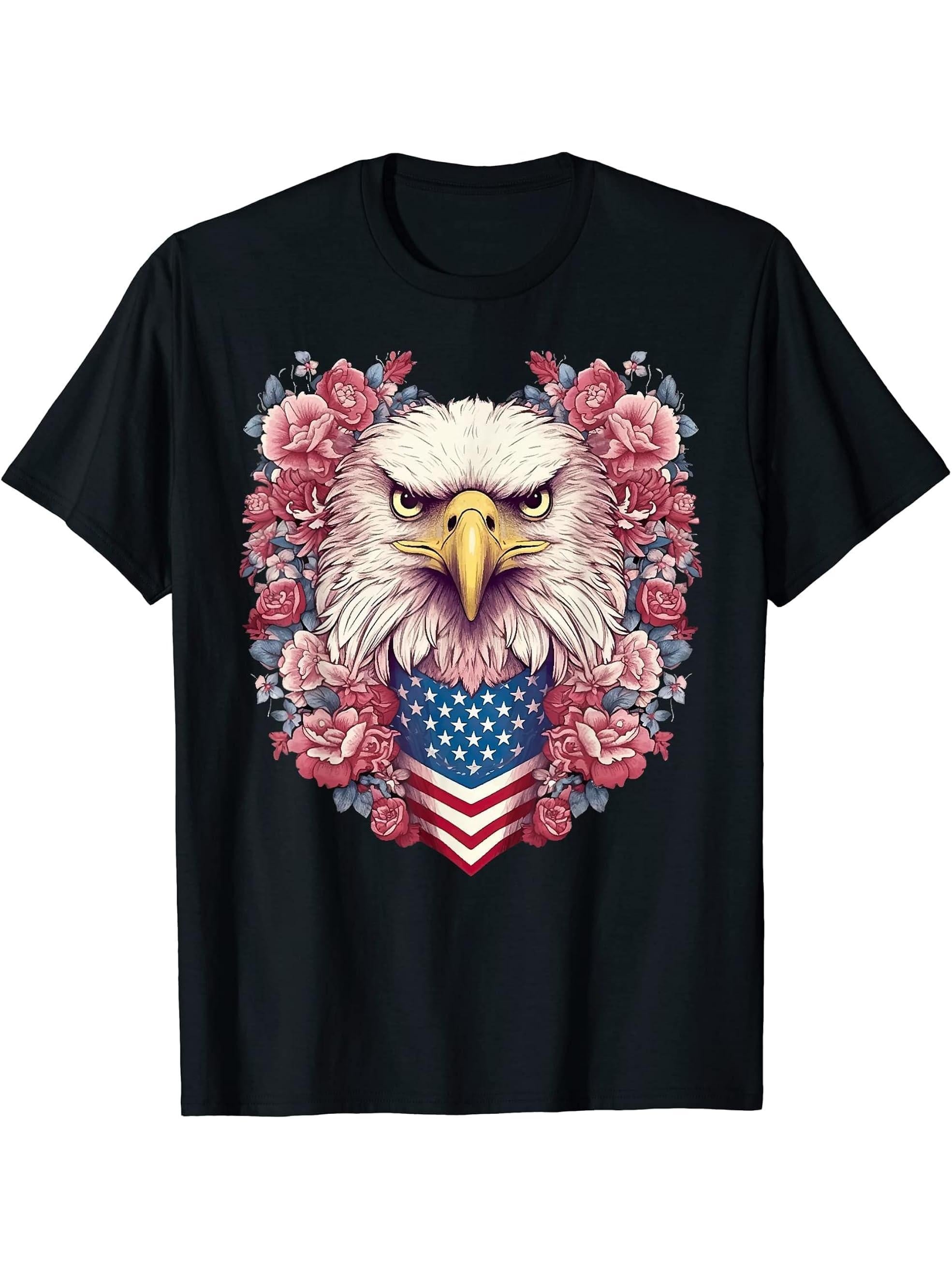 Bald Eagle Pink Roses USA Flag 4th Of July Women Girls Cute T-Shirt 180G 100% Cotton Printed Round Neck Short-Sleeve T-Shirt, Gifts for Men Dad Husband Grandpa, S-XXXL, Black