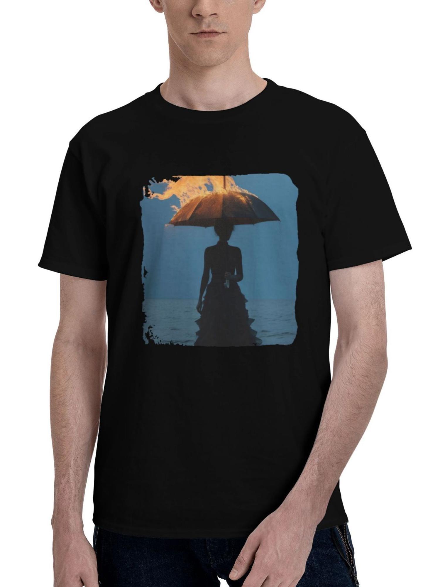 Life-Girl Standing Under The Burning Umbrella 180G 100% Cotton Printed Round Neck Short-Sleeve T-Shirt, Christmas Gifts for Men Dad Husband Grandpa, S-XXXL, Black