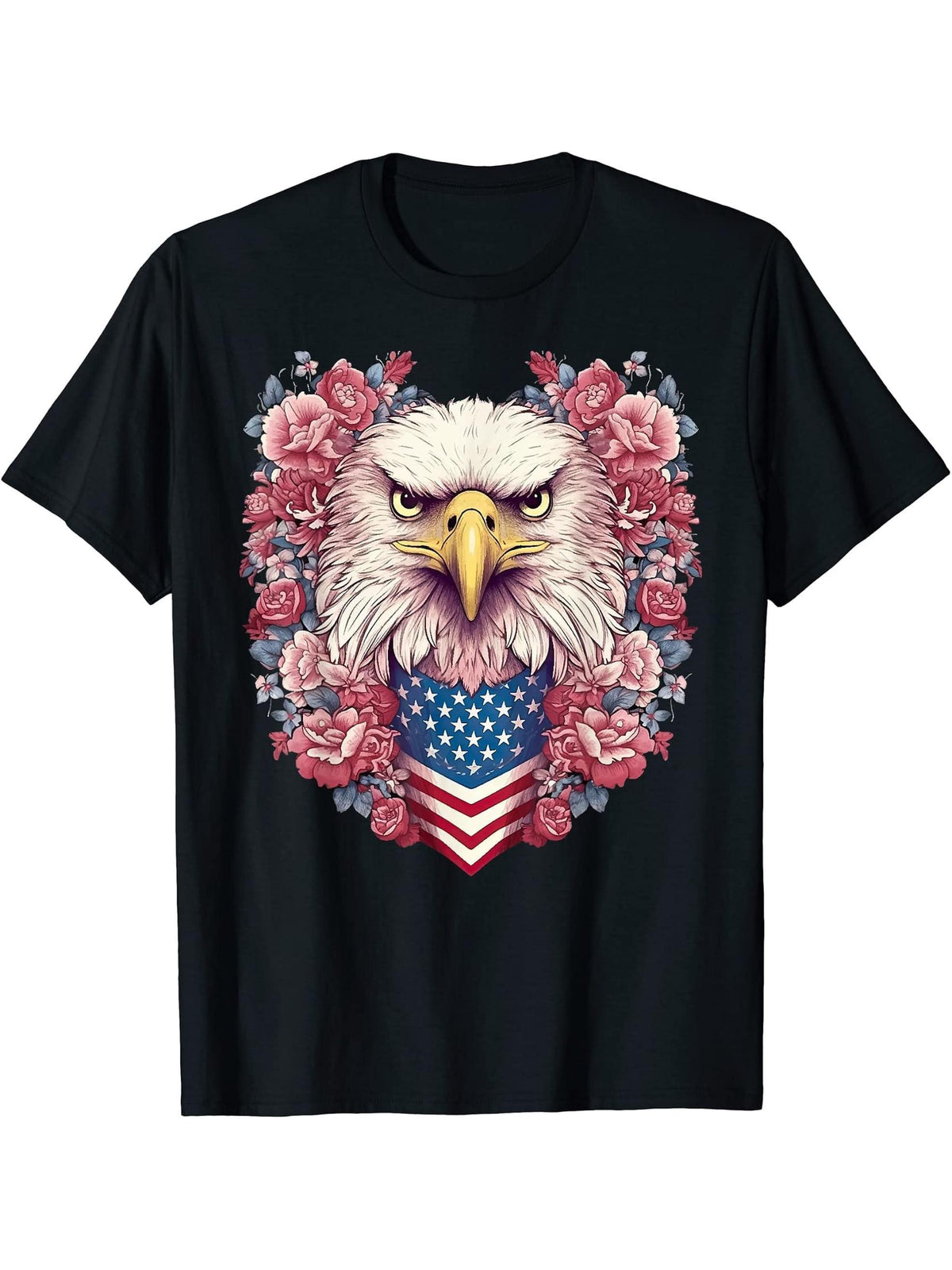 Bald Eagle Pink Roses USA Flag 4th Of July Women Girls Cute T-Shirt 180G 100% Cotton Printed Round Neck Short-Sleeve T-Shirt, Gifts for Men Dad Husband Grandpa, S-XXXL, Black