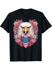 Bald Eagle Pink Roses USA Flag 4th Of July Women Girls Cute T-Shirt 180G 100% Cotton Printed Round Neck Short-Sleeve T-Shirt, Gifts for Men Dad Husband Grandpa, S-XXXL, Black