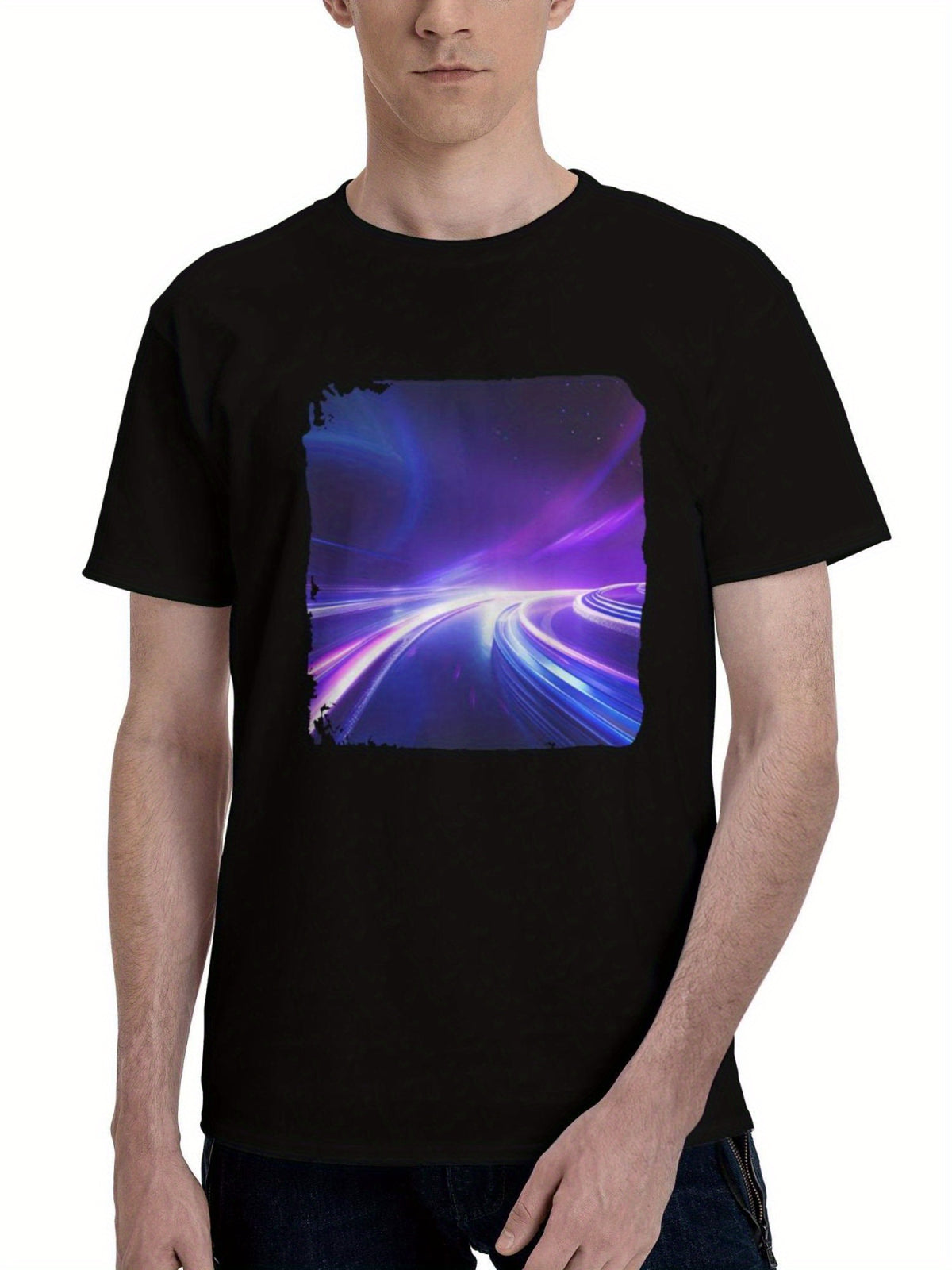 Light-Trails Space Abstract 180G 100% Cotton Printed Round Neck Short-Sleeve T-Shirt, Christmas Gifts for Men Dad Husband Grandpa, S-XXXL, Black