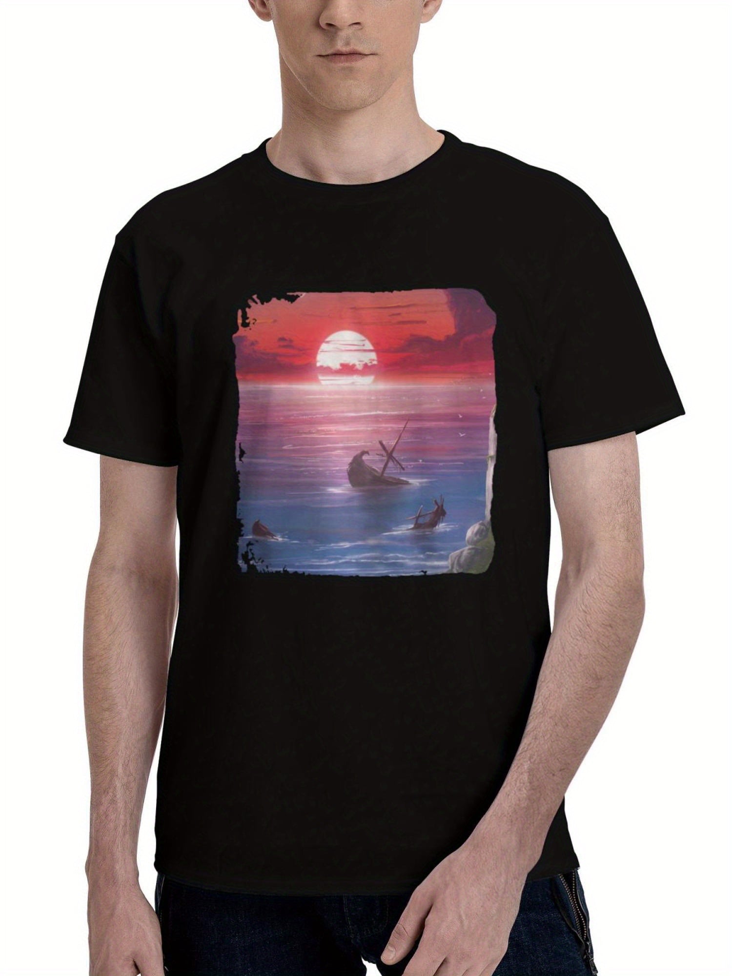 Lighthouse-Sunlight After The Storm 180G 100% Cotton Printed Round Neck Short-Sleeve T-Shirt, Christmas Gifts for Men Dad Husband Grandpa, S-XXXL, Black