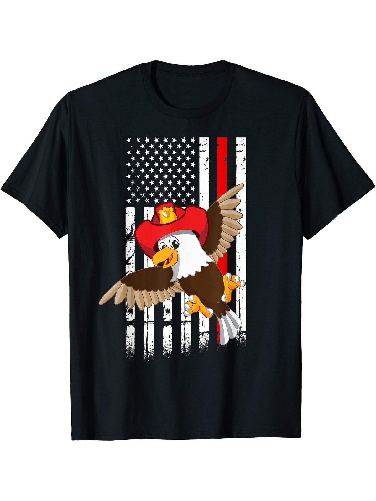 Bald Eagle Firefighter American Flag Thin Red Line Patriot T-Shirt 180G 100% Cotton Printed Round Neck Short-Sleeve T-Shirt, Gifts for Men Dad Husband Grandpa, S-XXXL, Black