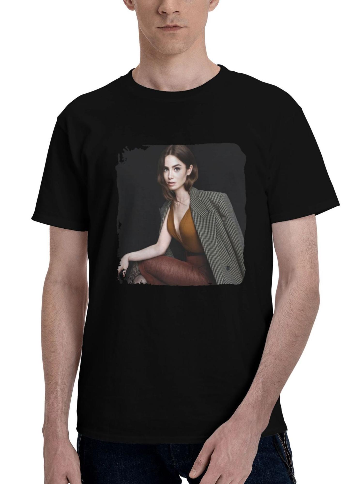 Lily-Collins Vogue 2 180G 100% Cotton Printed Round Neck Short-Sleeve T-Shirt, Christmas Gifts for Men Dad Husband Grandpa, S-XXXL, Black