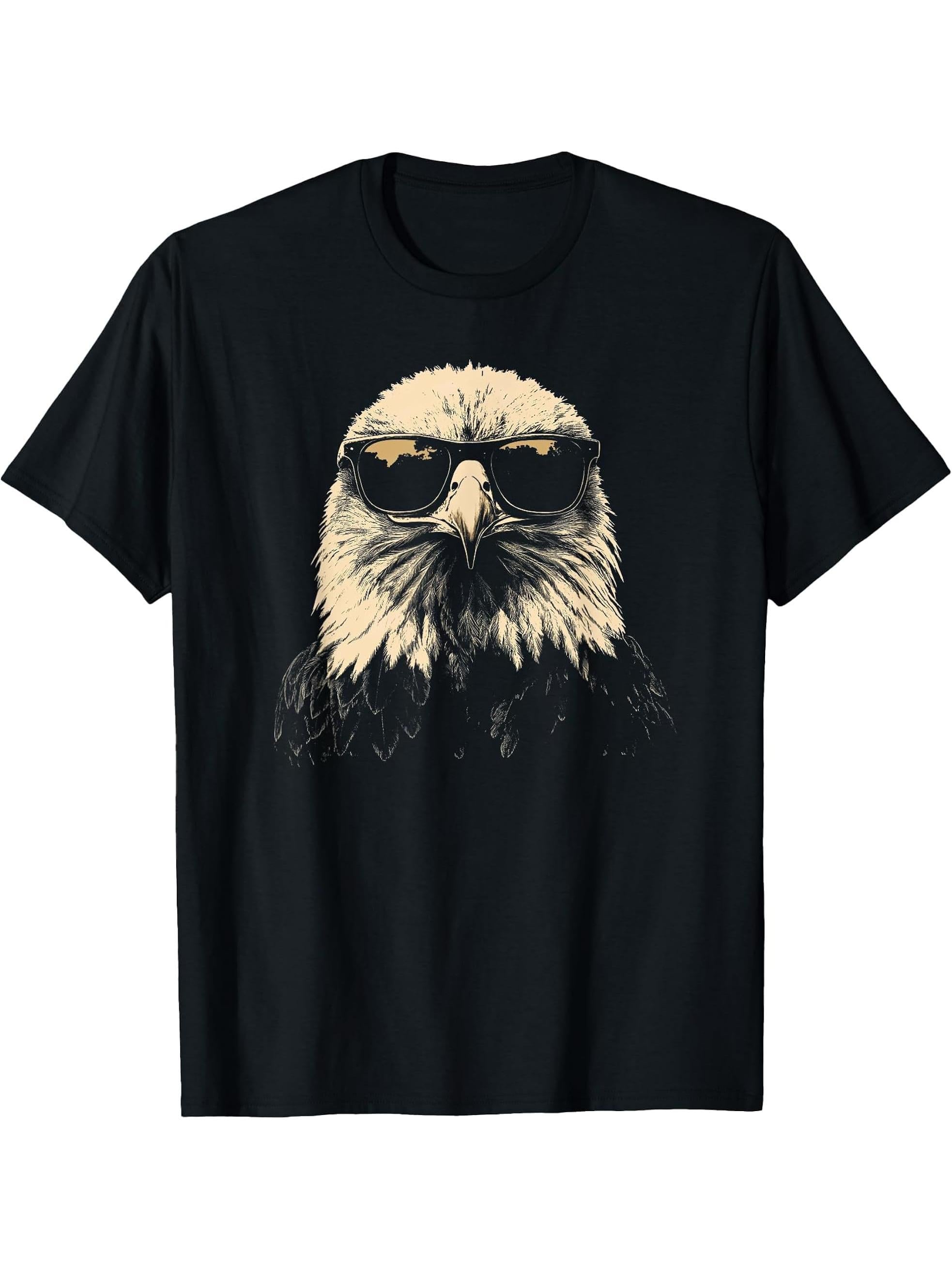 American Bald Eagle Sunglasses Wildlife Patriotic Graphic T-Shirt 180G 100% Cotton Printed Round Neck Short-Sleeve T-Shirt, Gifts for Men Dad Husband Grandpa, S-XXXL, Black