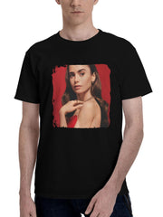 Lily-Collins Cartier 180G 100% Cotton Printed Round Neck Short-Sleeve T-Shirt, Christmas Gifts for Men Dad Husband Grandpa, S-XXXL, Black
