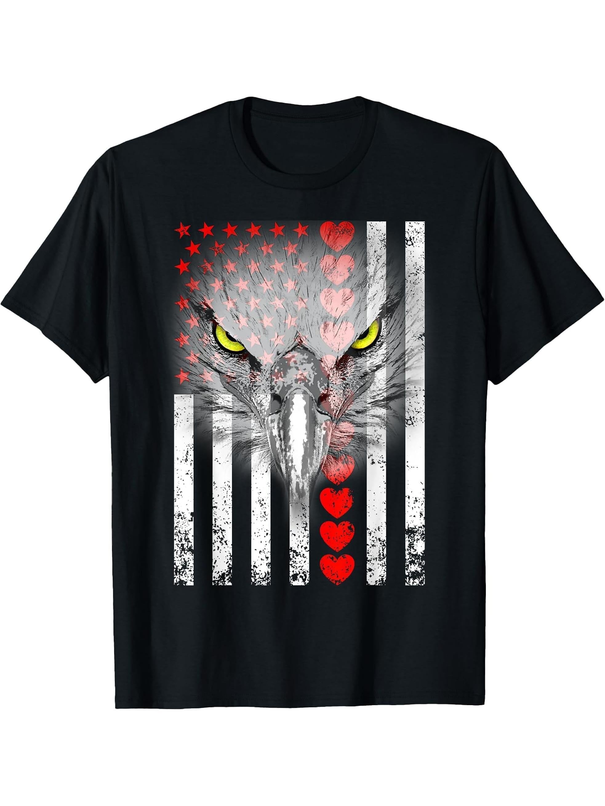 Bald Eagle 4th of July American USA Flag Hearts Vintage T-Shirt 180G 100% Cotton Printed Round Neck Short-Sleeve T-Shirt, Gifts for Men Dad Husband Grandpa, S-XXXL, Black