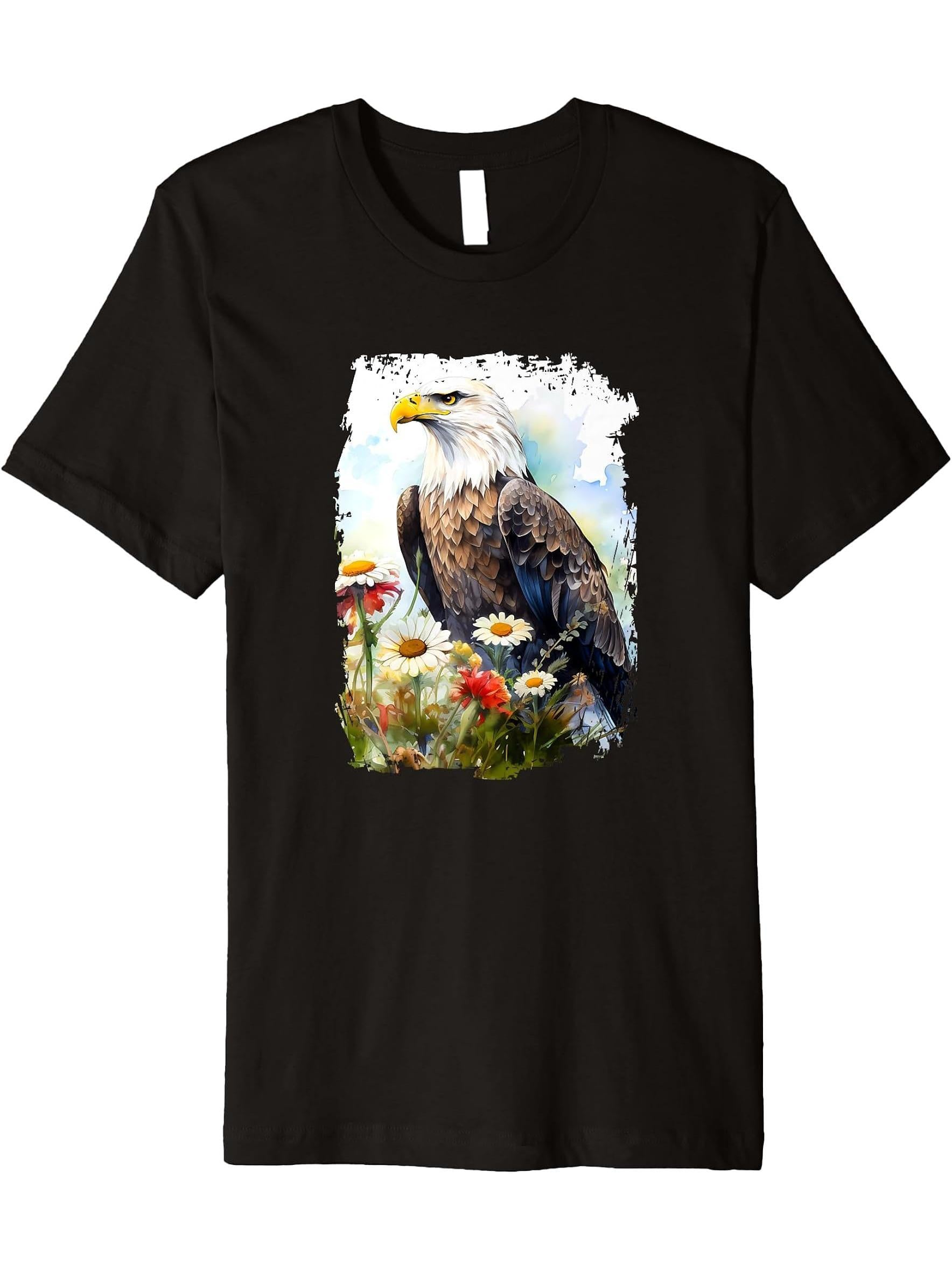 Bald eagle Flower Butterfly Premium T-Shirt 180G 100% Cotton Printed Round Neck Short-Sleeve T-Shirt, Gifts for Men Dad Husband Grandpa, S-XXXL, Black