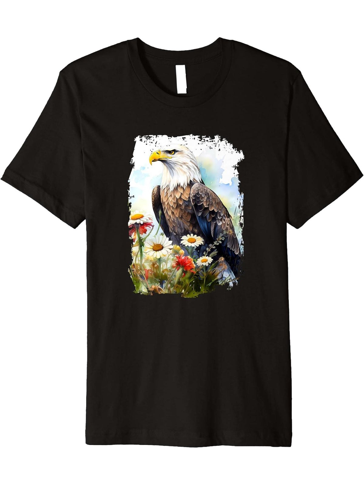 Bald eagle Flower Butterfly Premium T-Shirt 180G 100% Cotton Printed Round Neck Short-Sleeve T-Shirt, Gifts for Men Dad Husband Grandpa, S-XXXL, Black