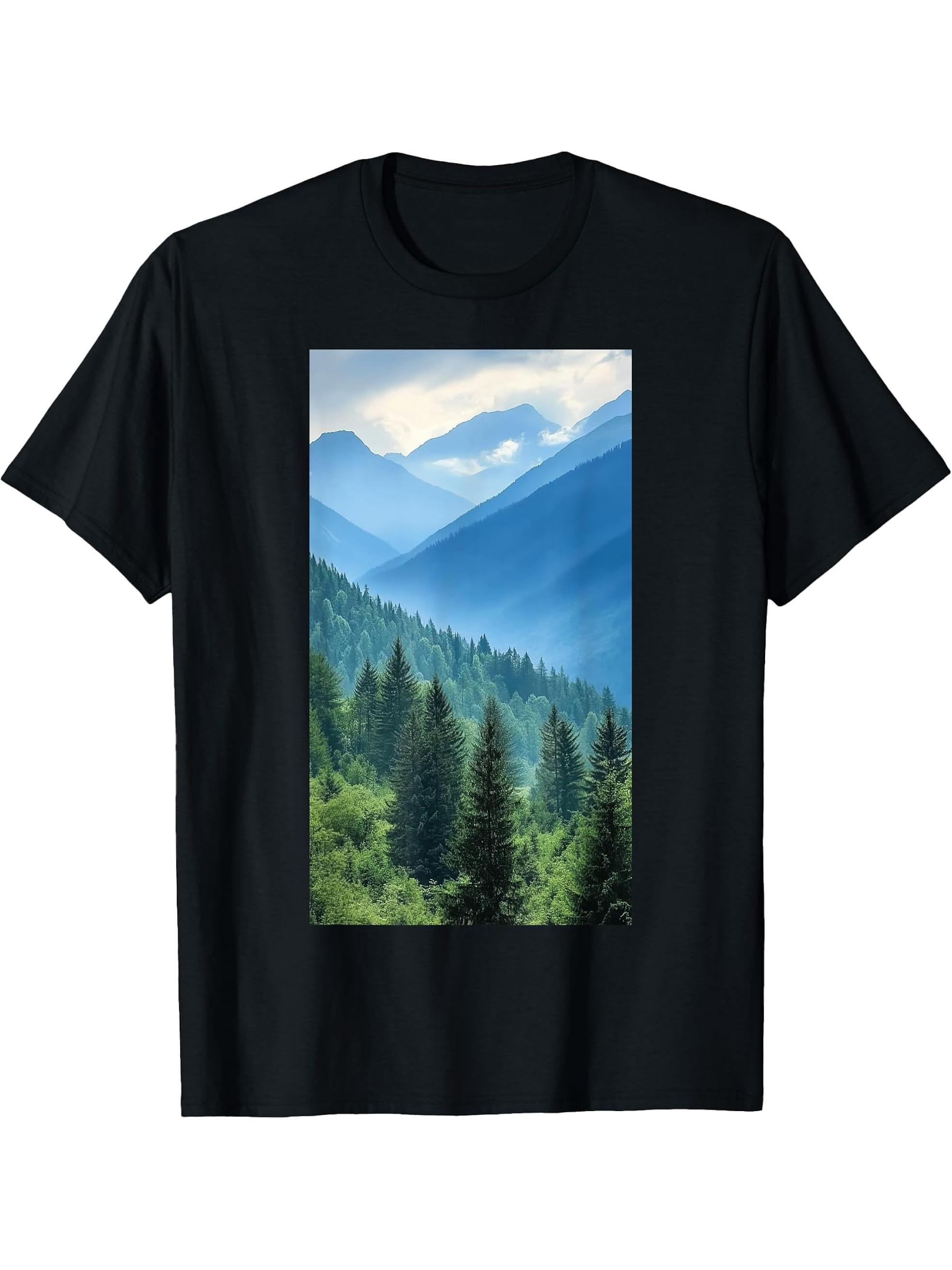 Bald Eagle Mountains Pine Trees Wildlife T-Shirt 180G 100% Cotton Printed Round Neck Short-Sleeve T-Shirt, Gifts for Men Dad Husband Grandpa, S-XXXL, Black