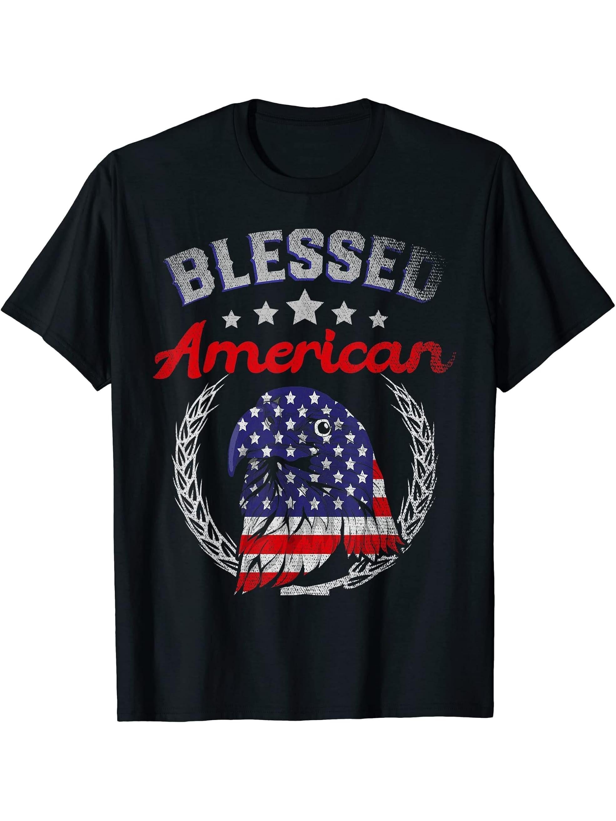 Blessed American US Flag American Bald Eagle 4th Of July T-Shirt 180G 100% Cotton Printed Round Neck Short-Sleeve T-Shirt, Gifts for Men Dad Husband Grandpa, S-XXXL, Black