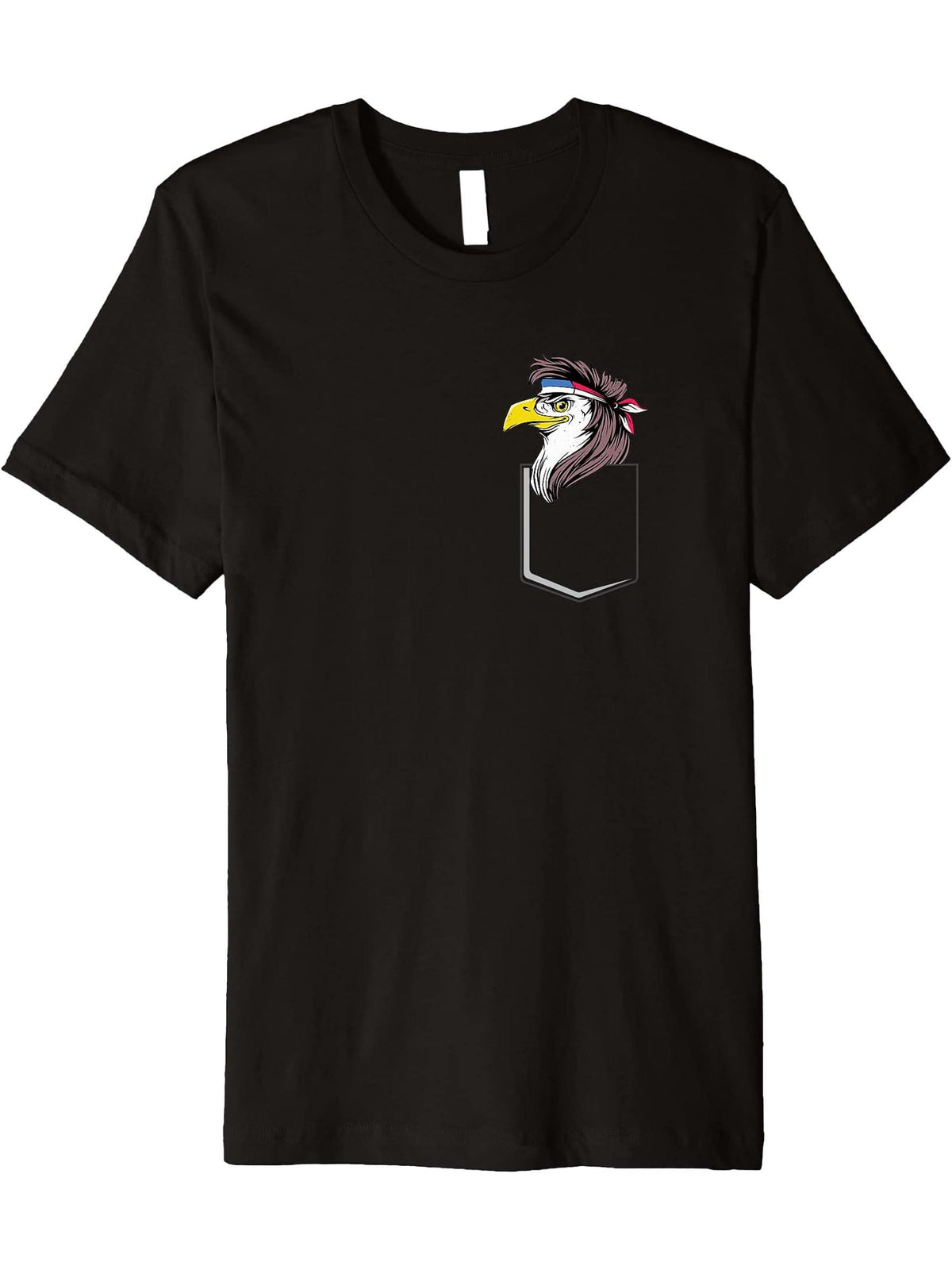 American Bald Eagle In A Pocket Eagle Mullet Eagle Pocket Premium T-Shirt 180G 100% Cotton Printed Round Neck Short-Sleeve T-Shirt, Gifts for Men Dad Husband Grandpa, S-XXXL, Black