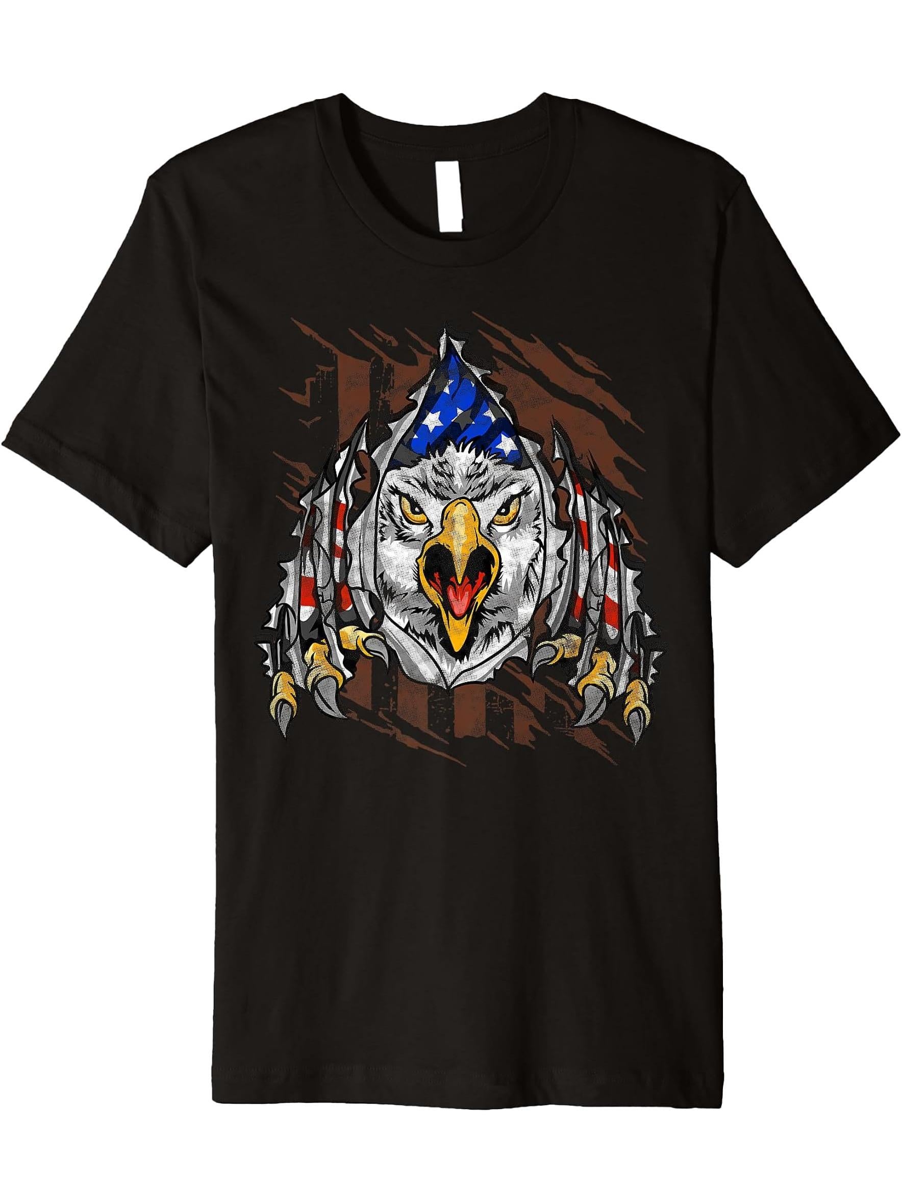 American Bald Eagle Head & US Flag Military Retro Vintage Premium T-Shirt 180G 100% Cotton Printed Round Neck Short-Sleeve T-Shirt, Gifts for Men Dad Husband Grandpa, S-XXXL, Black