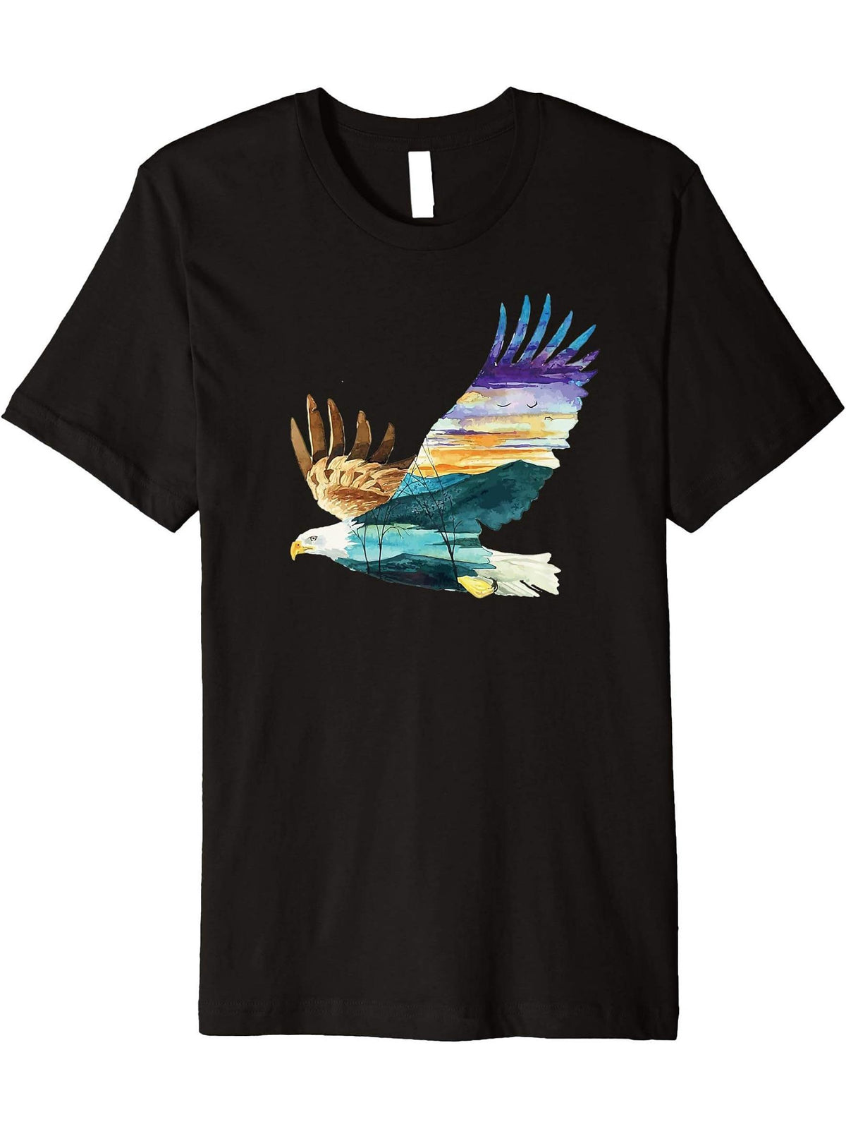 Flying Bald Eagle Mountain Sky Scenary Silhouette Premium T-Shirt 180G 100% Cotton Printed Round Neck Short-Sleeve T-Shirt, Gifts for Men Dad Husband Grandpa, S-XXXL, Black