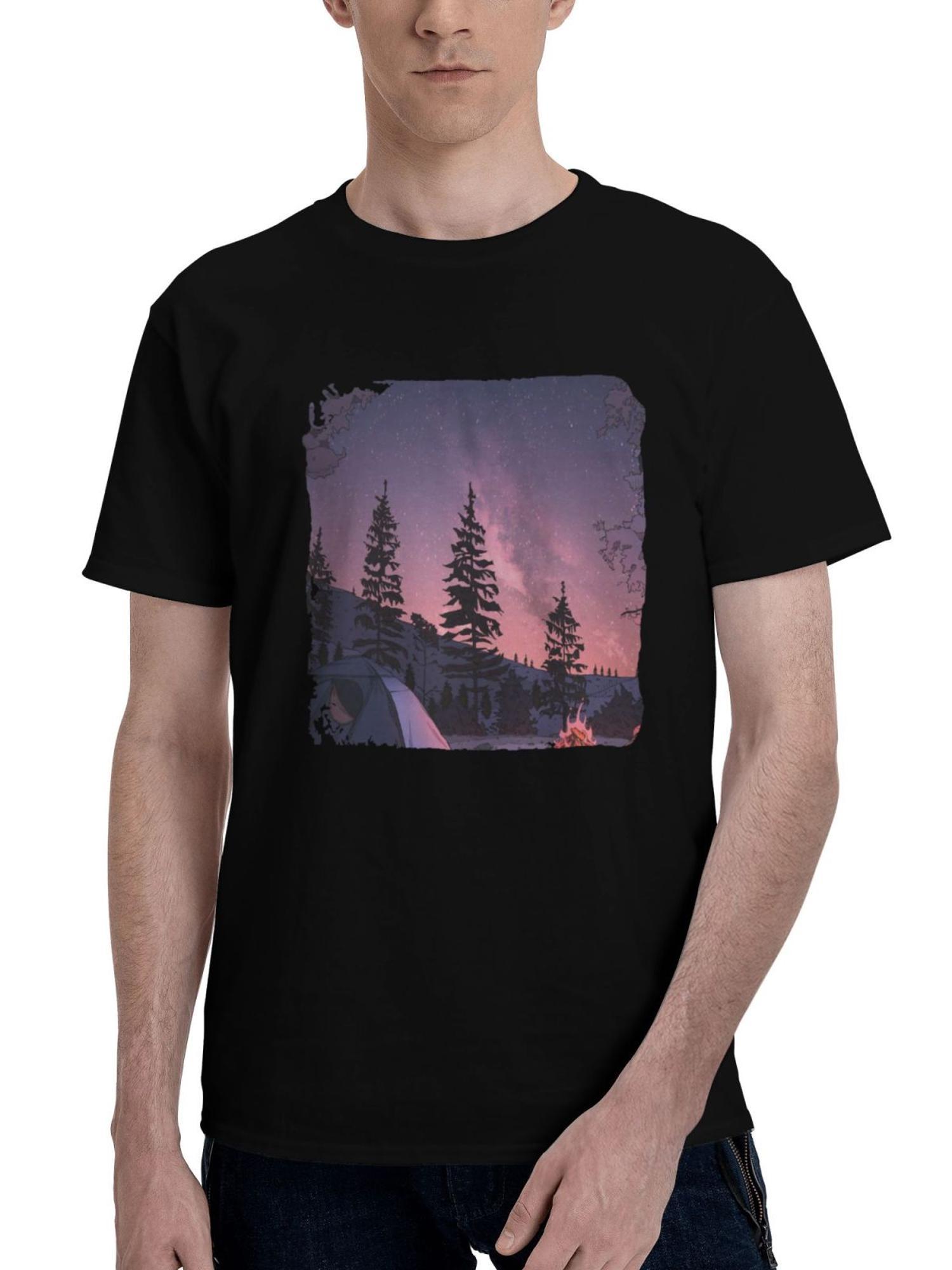 Lofi-Winter Camping 180G 100% Cotton Printed Round Neck Short-Sleeve T-Shirt, Christmas Gifts for Men Dad Husband Grandpa, S-XXXL, Black