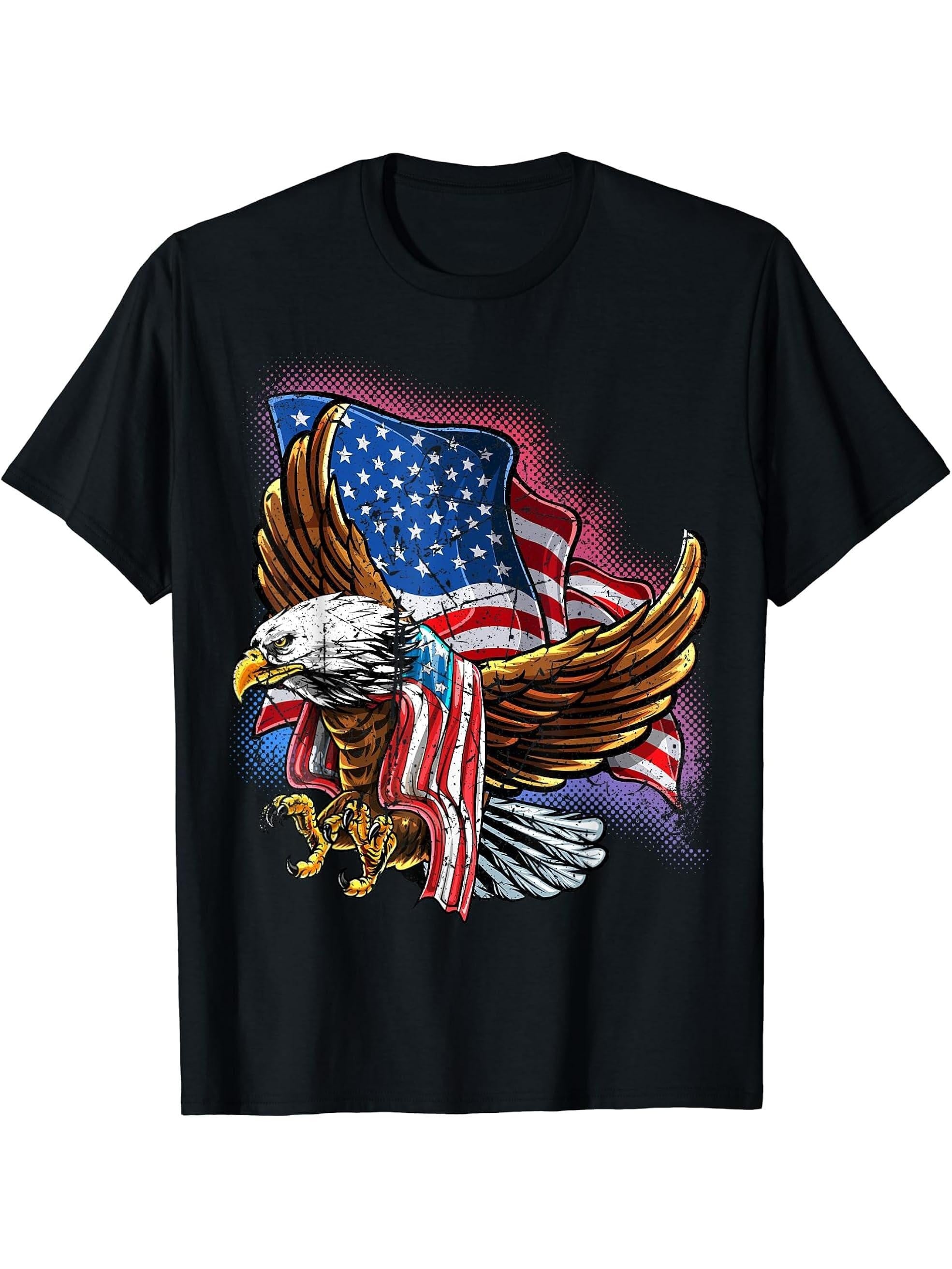 4th of July Bald Eagle Patriotic Stars Stripes American Flag T-Shirt 180G 100% Cotton Printed Round Neck Short-Sleeve T-Shirt, Gifts for Men Dad Husband Grandpa, S-XXXL, Black