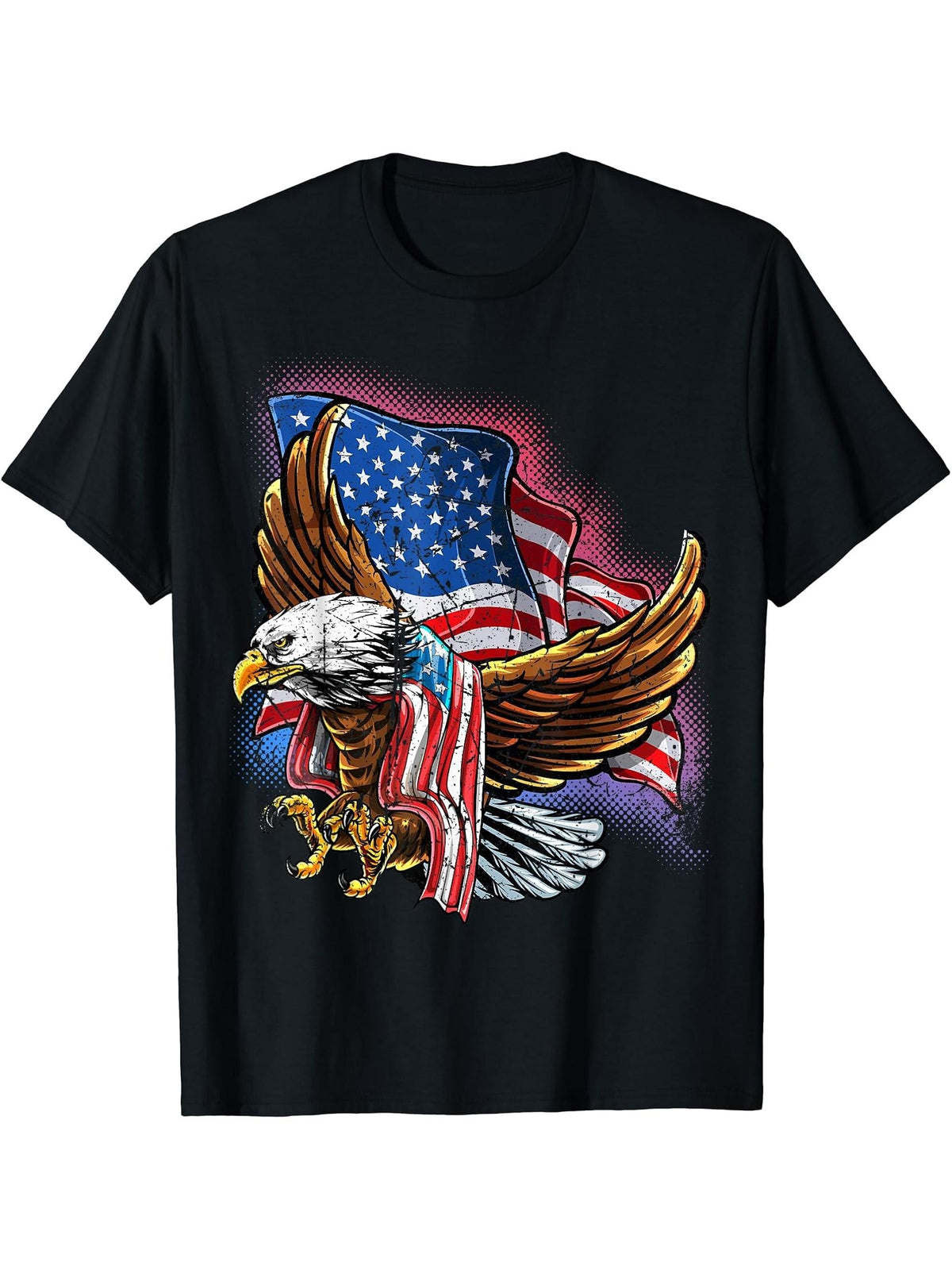 4th of July Bald Eagle Patriotic Stars Stripes American Flag T-Shirt 180G 100% Cotton Printed Round Neck Short-Sleeve T-Shirt, Gifts for Men Dad Husband Grandpa, S-XXXL, Black