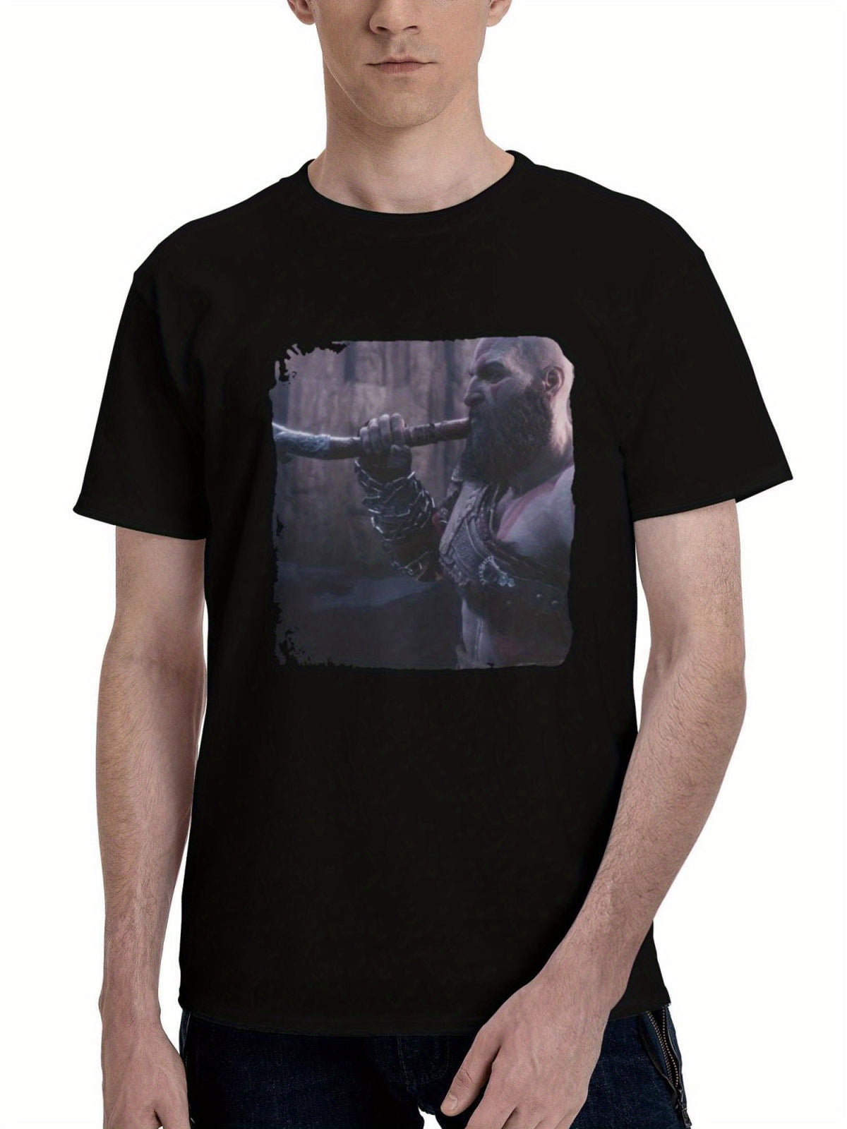 God-Of War Ragnarok Valhalla 180G 100% Cotton Printed Round Neck Short-Sleeve T-Shirt, Christmas Gifts for Men Dad Husband Grandpa, S-XXXL, Black