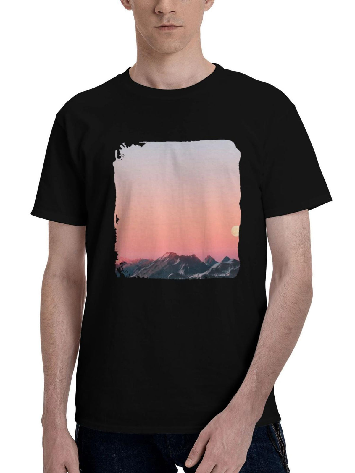 Low-Hanging Clouds Mountains Sunrise 180G 100% Cotton Printed Round Neck Short-Sleeve T-Shirt, Christmas Gifts for Men Dad Husband Grandpa, S-XXXL, Black
