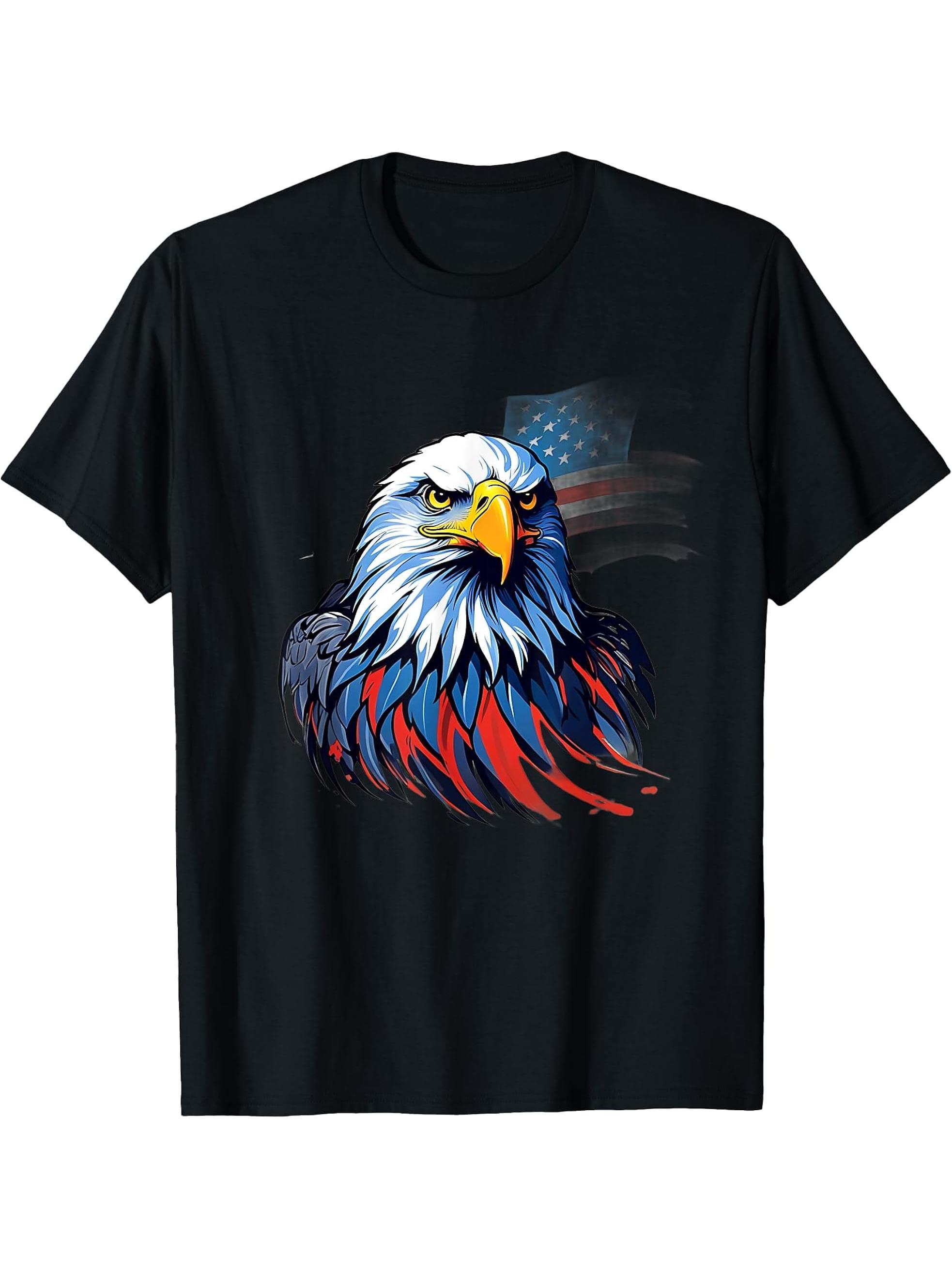 Bald Eagle Us American Flag 4th of July Proud Patriotic Tee T-Shirt 180G 100% Cotton Printed Round Neck Short-Sleeve T-Shirt, Gifts for Men Dad Husband Grandpa, S-XXXL, Black
