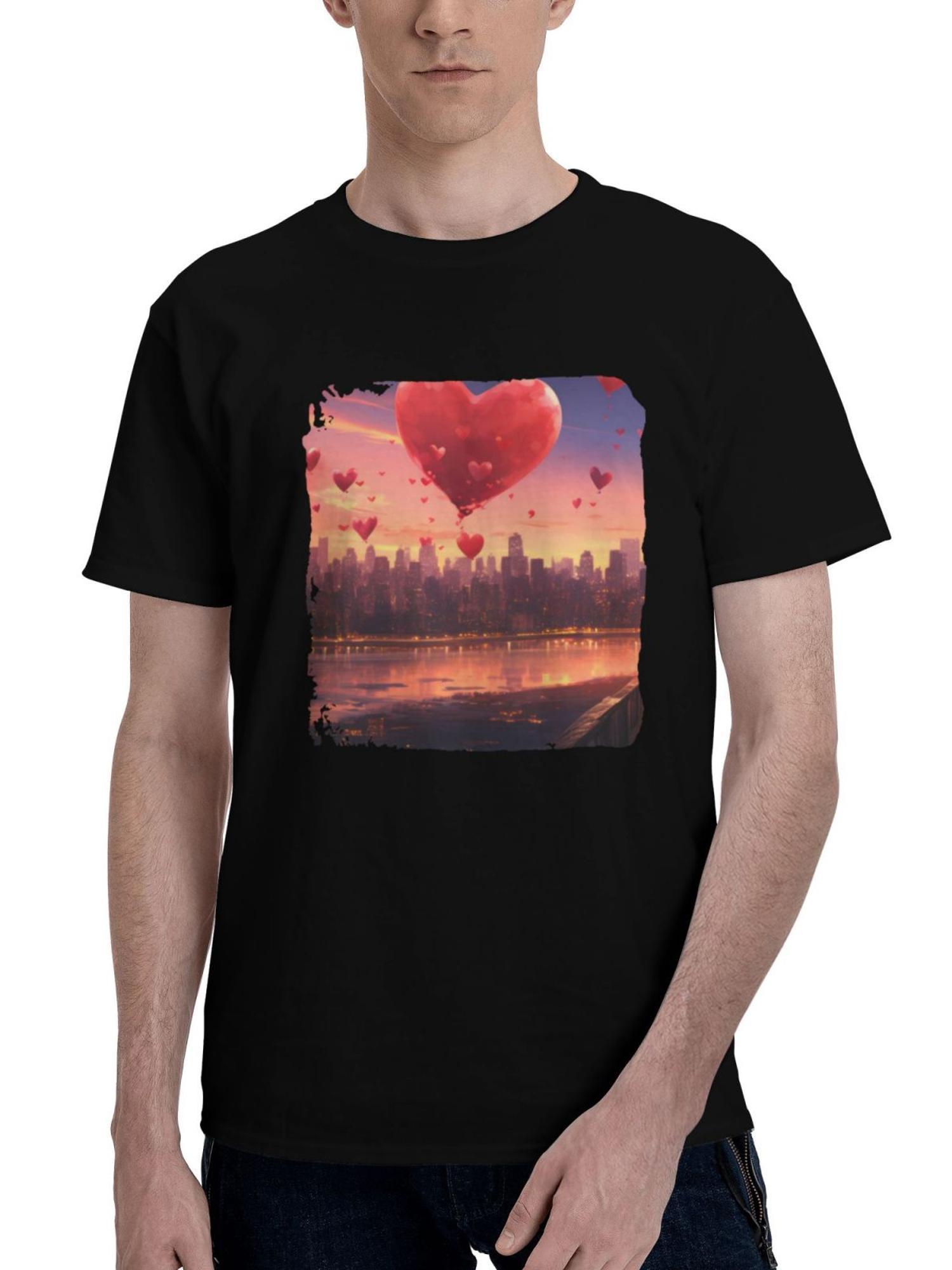 Hearts-Afloat Love In The Air 180G 100% Cotton Printed Round Neck Short-Sleeve T-Shirt, Christmas Gifts for Men Dad Husband Grandpa, S-XXXL, Black