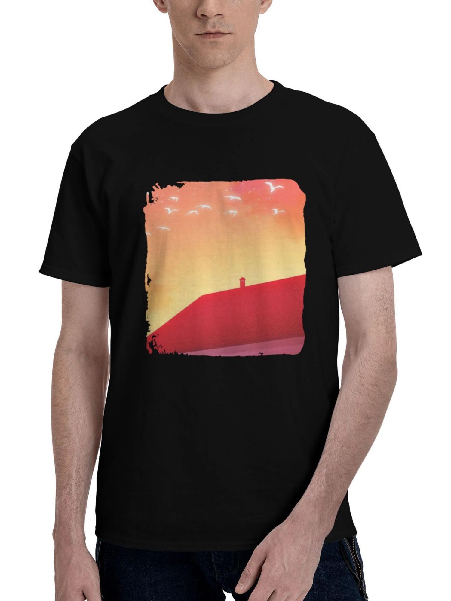 A-Rooftop Retreat With Furry Friend 180G 100% Cotton Printed Round Neck Short-Sleeve T-Shirt, Christmas Gifts for Men Dad Husband Grandpa, S-XXXL, Black