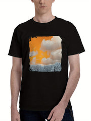A-Snow Covered Field With Trees Under A Cloudy Sky 180G 100% Cotton Printed Round Neck Short-Sleeve T-Shirt, Christmas Gifts for Men Dad Husband Grandpa, S-XXXL, Black