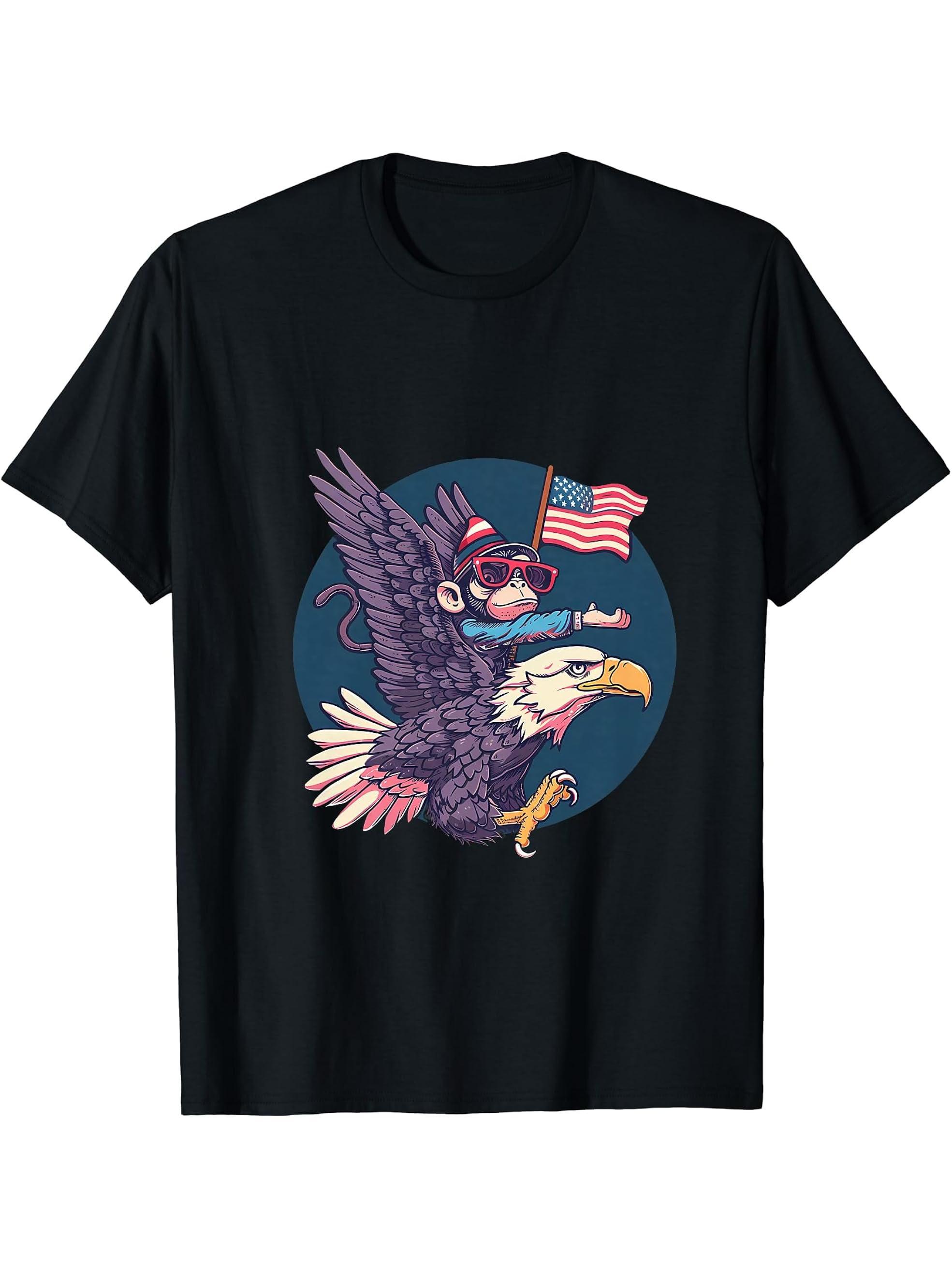 4th Of July American Flag Monkey Bald Eagle Fourth Of July T-Shirt 180G 100% Cotton Printed Round Neck Short-Sleeve T-Shirt, Gifts for Men Dad Husband Grandpa, S-XXXL, Black