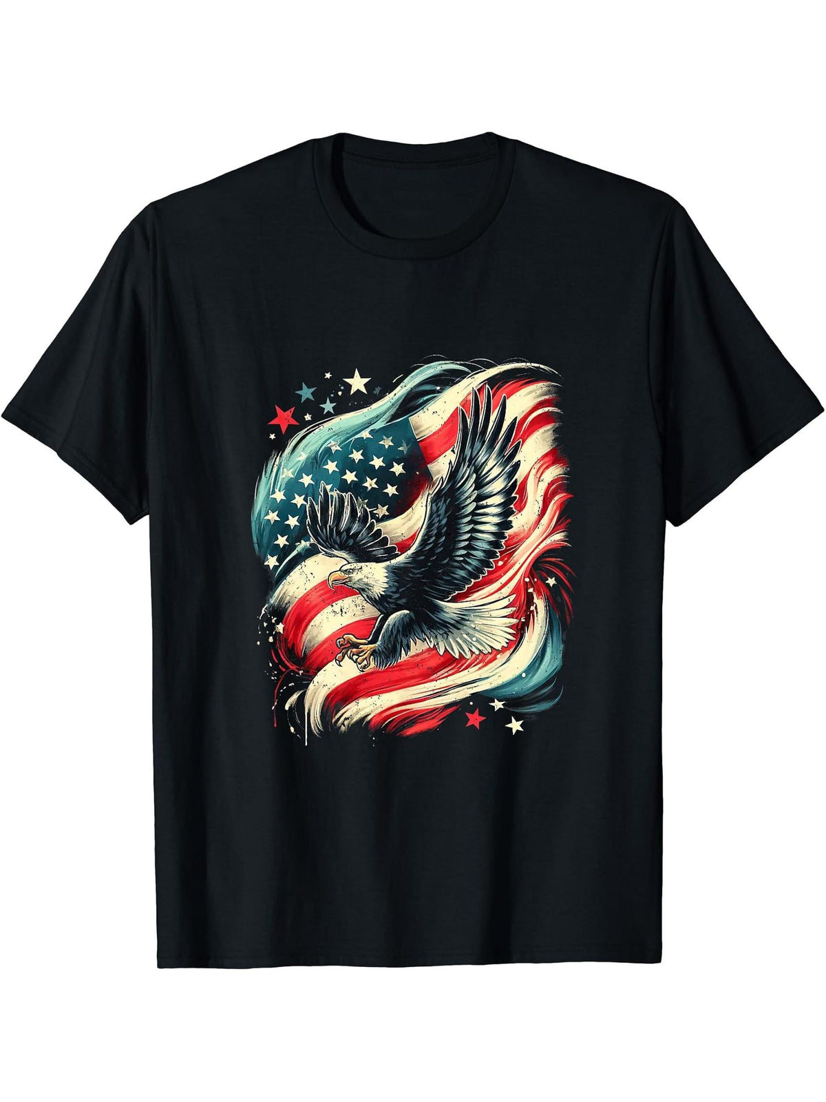 Bald Eagle American Flag 4th Of July T-Shirt 180G 100% Cotton Printed Round Neck Short-Sleeve T-Shirt, Gifts for Men Dad Husband Grandpa, S-XXXL, Black