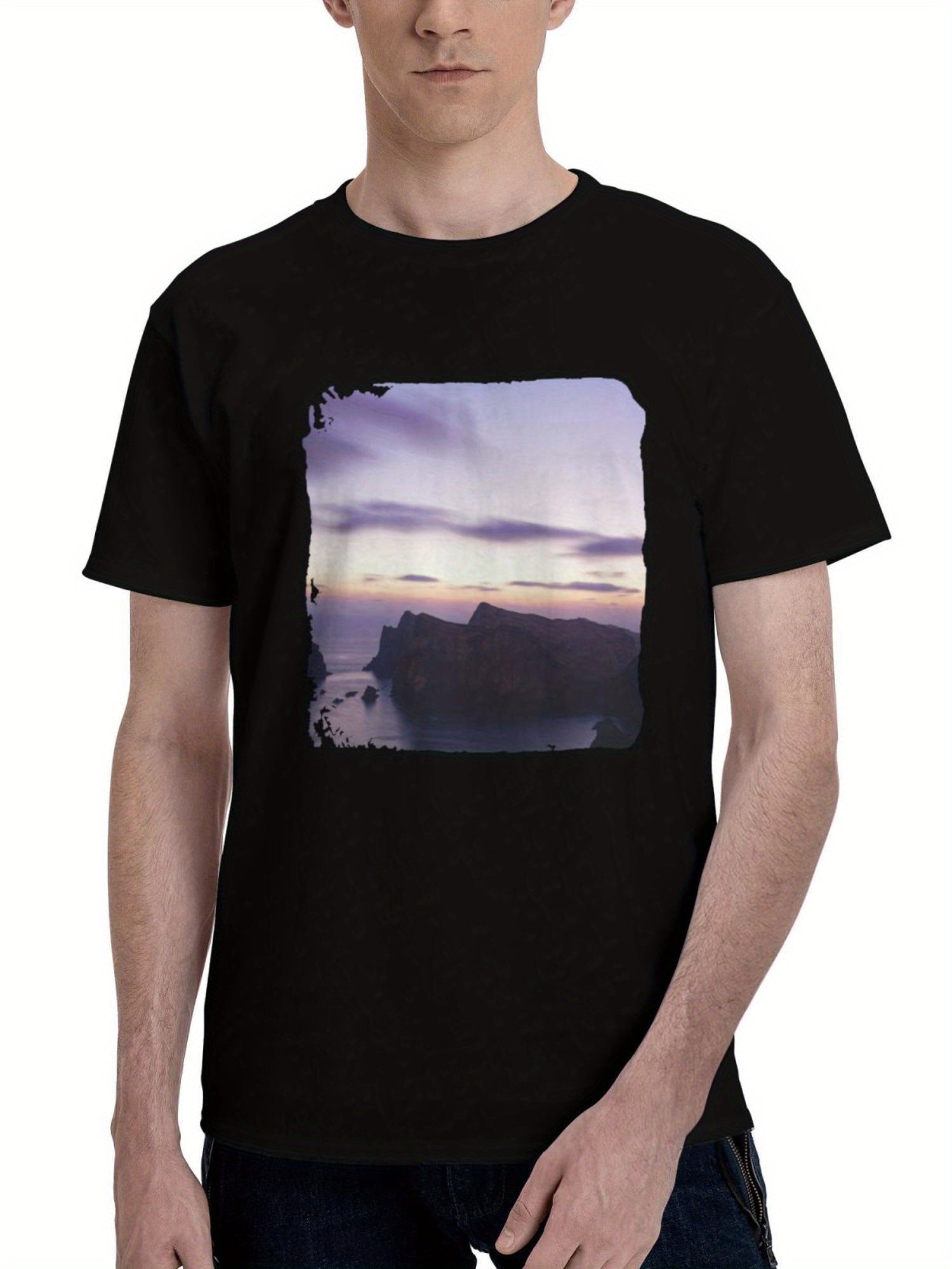 A-View Of A Body Of Water 180G 100% Cotton Printed Round Neck Short-Sleeve T-Shirt, Christmas Gifts for Men Dad Husband Grandpa, S-XXXL, Black