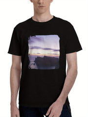 A-View Of A Body Of Water 180G 100% Cotton Printed Round Neck Short-Sleeve T-Shirt, Christmas Gifts for Men Dad Husband Grandpa, S-XXXL, Black