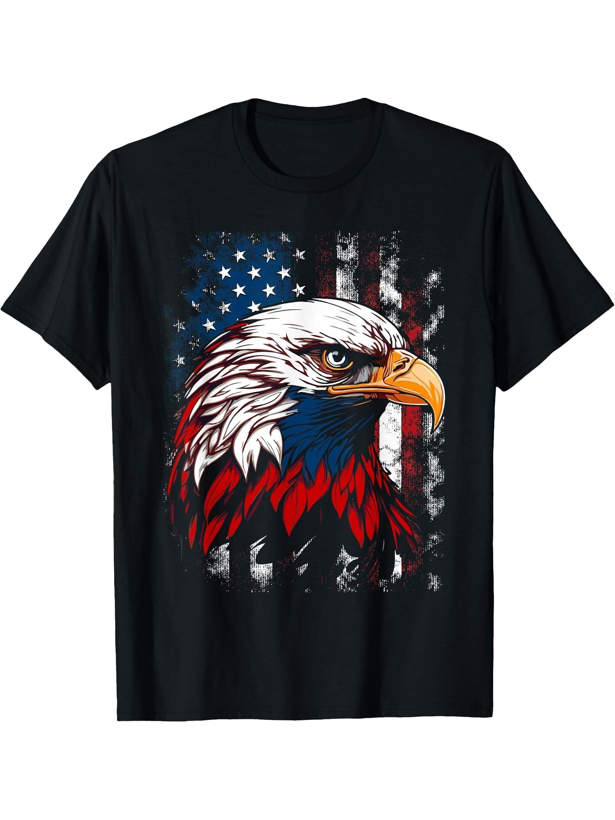 Bald Eagle Proud Patriotic American US Flag 4th Of July T-Shirt 180G 100% Cotton Printed Round Neck Short-Sleeve T-Shirt, Gifts for Men Dad Husband Grandpa, S-XXXL, Black