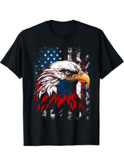 Bald Eagle Proud Patriotic American US Flag 4th Of July T-Shirt 180G 100% Cotton Printed Round Neck Short-Sleeve T-Shirt, Gifts for Men Dad Husband Grandpa, S-XXXL, Black