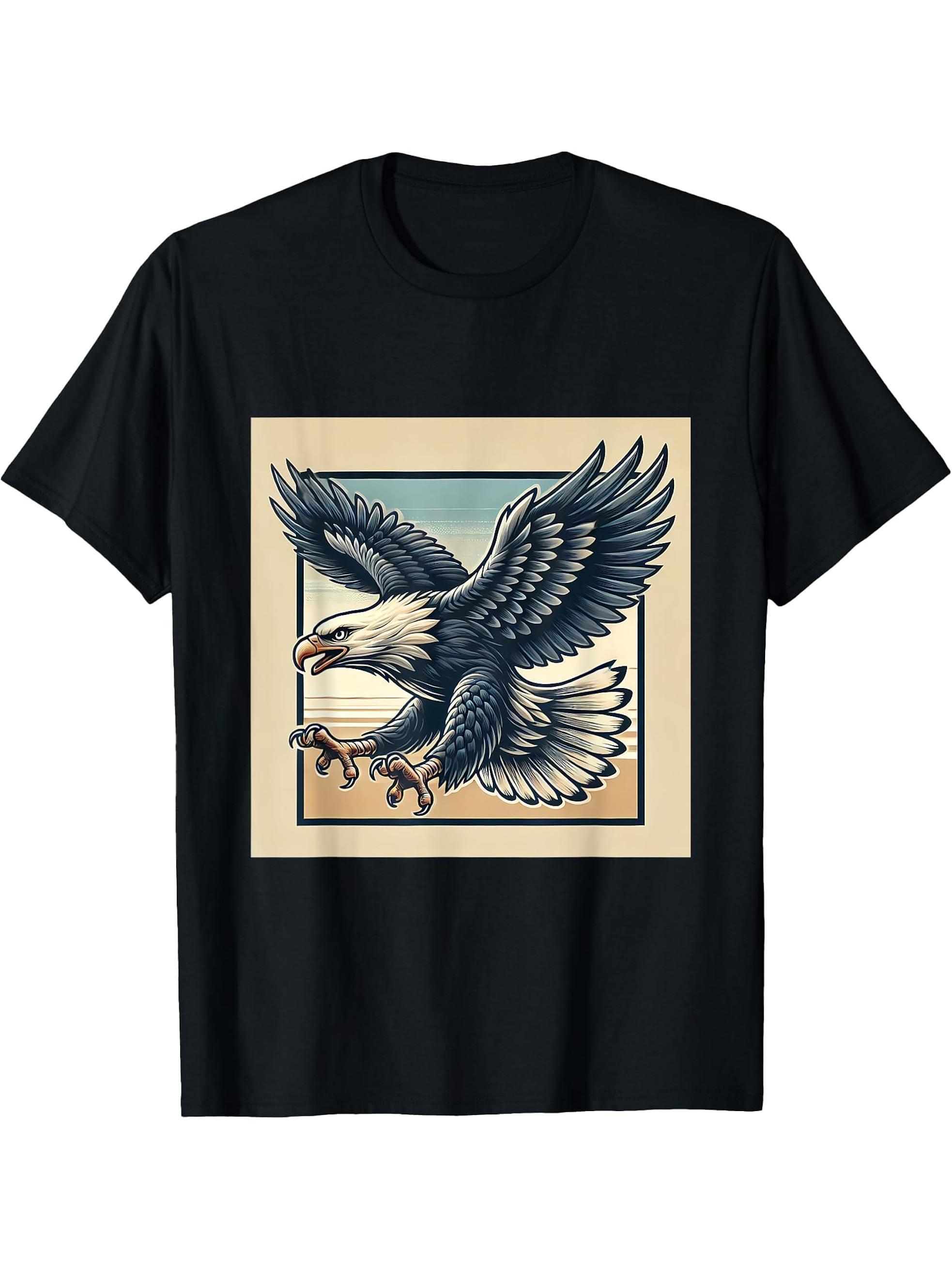 American Flag Bald Eagle Shirt Patriotic USA Majestic Eagle T-Shirt 180G 100% Cotton Printed Round Neck Short-Sleeve T-Shirt, Gifts for Men Dad Husband Grandpa, S-XXXL, Black