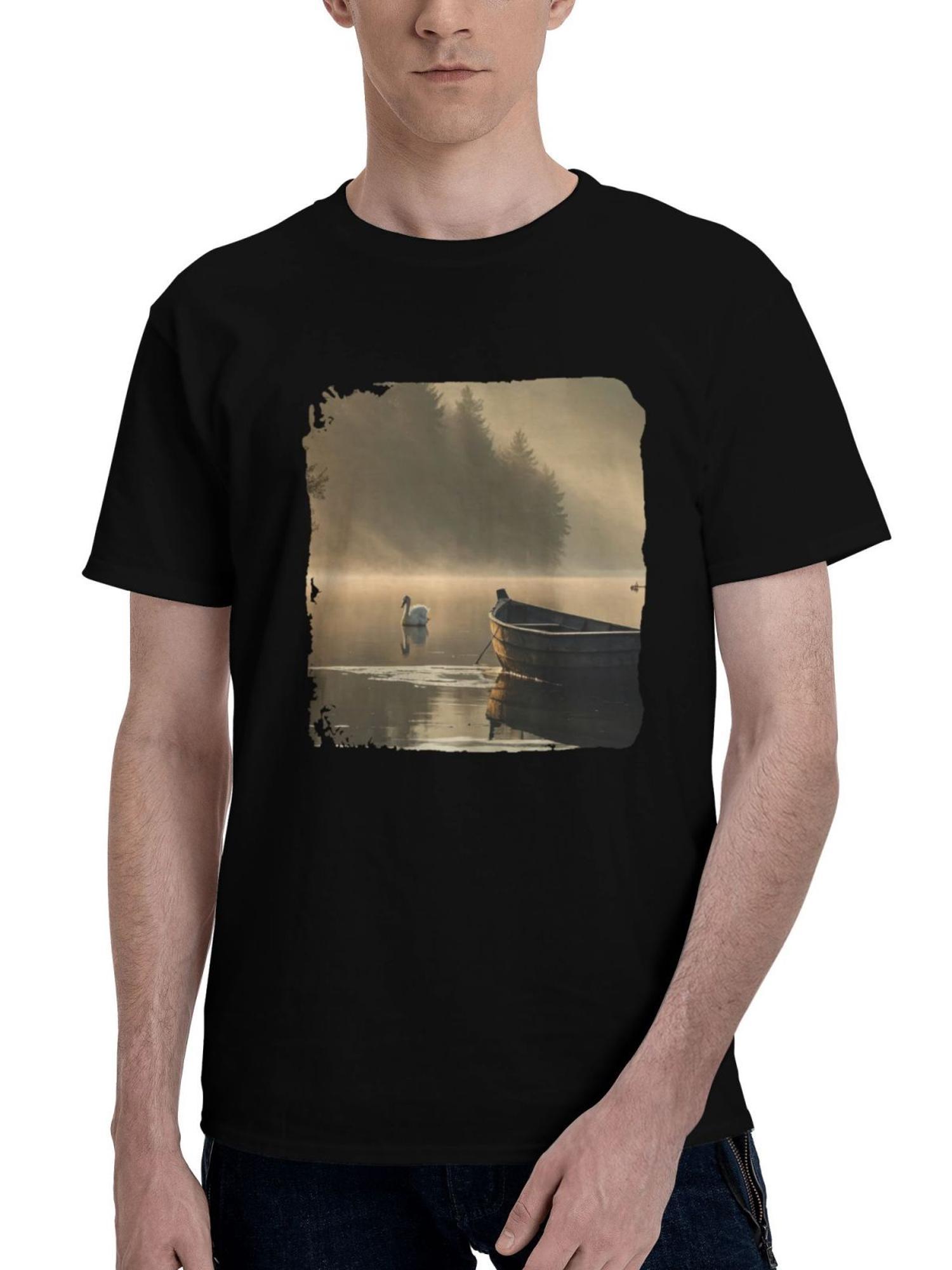 Boat-And Duck In The Calm Of Dawn 180G 100% Cotton Printed Round Neck Short-Sleeve T-Shirt, Christmas Gifts for Men Dad Husband Grandpa, S-XXXL, Black