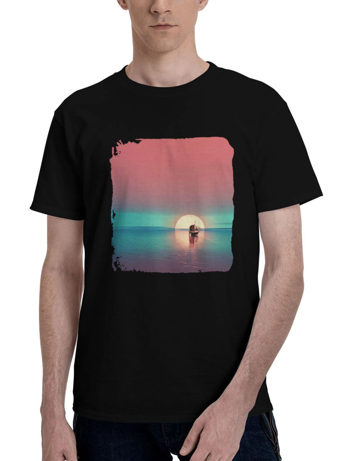 Boat-Relax Minimal Sunset 180G 100% Cotton Printed Round Neck Short-Sleeve T-Shirt, Christmas Gifts for Men Dad Husband Grandpa, S-XXXL, Black