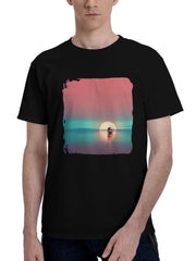 Boat-Relax Minimal Sunset 180G 100% Cotton Printed Round Neck Short-Sleeve T-Shirt, Christmas Gifts for Men Dad Husband Grandpa, S-XXXL, Black