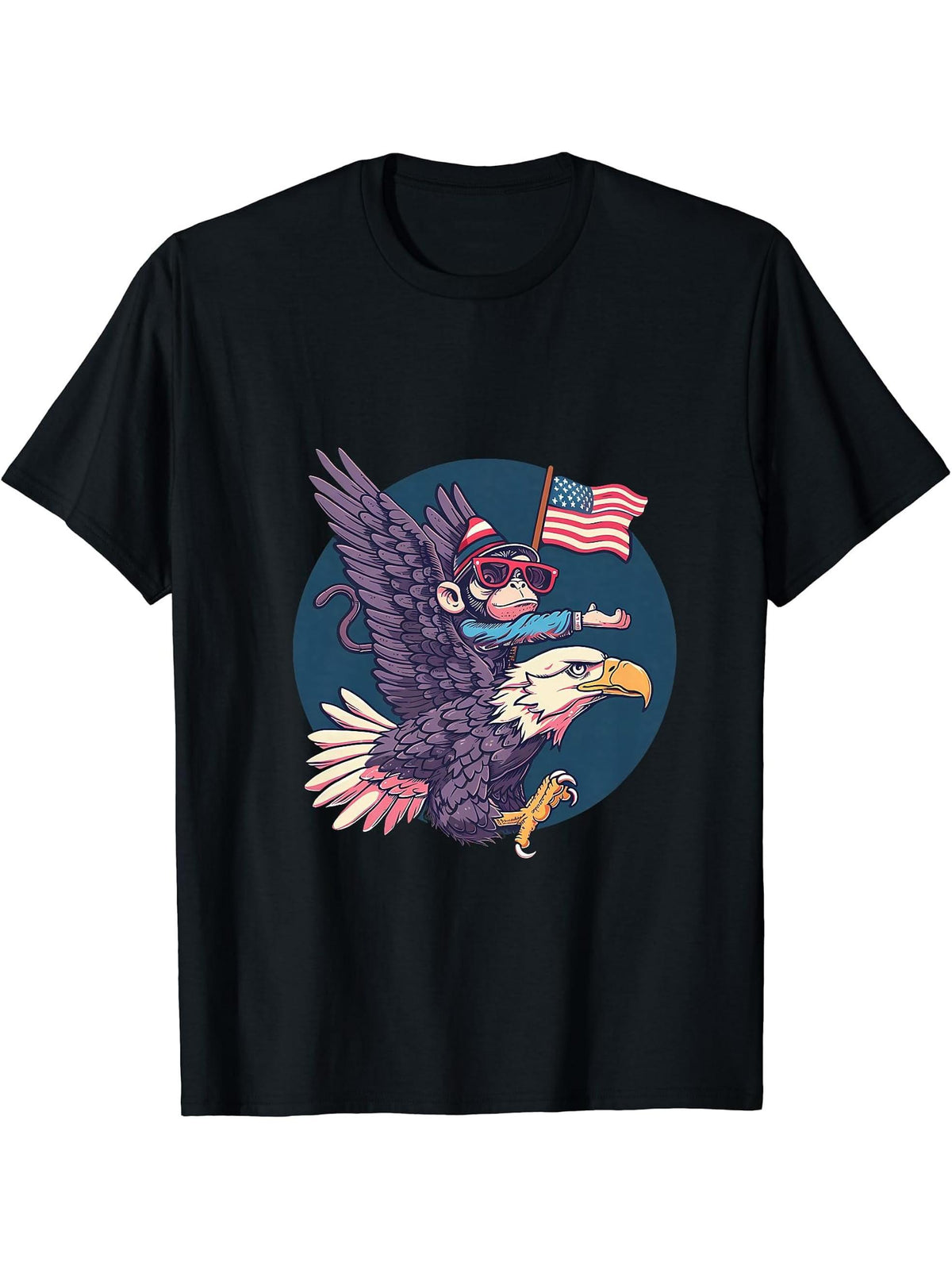 4th Of July American Flag Monkey Bald Eagle Fourth Of July T-Shirt 180G 100% Cotton Printed Round Neck Short-Sleeve T-Shirt, Gifts for Men Dad Husband Grandpa, S-XXXL, Black