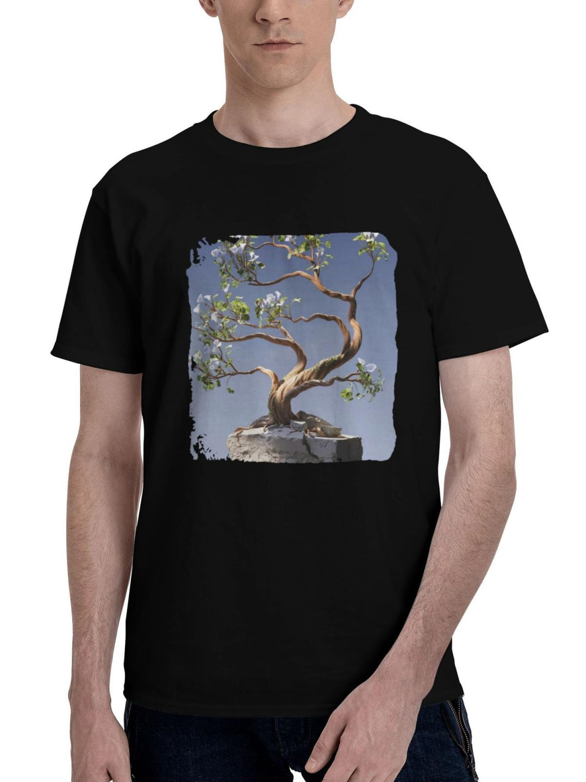 Bonsai-Tree 180G 100% Cotton Printed Round Neck Short-Sleeve T-Shirt, Christmas Gifts for Men Dad Husband Grandpa, S-XXXL, Black