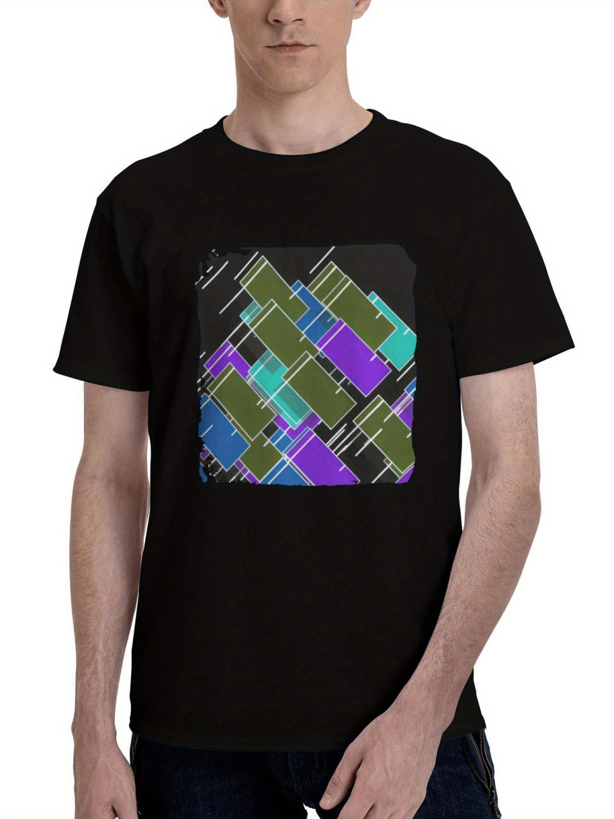 Abstract-Geometry Shapes Oled 180G 100% Cotton Printed Round Neck Short-Sleeve T-Shirt, Christmas Gifts for Men Dad Husband Grandpa, S-XXXL, Black