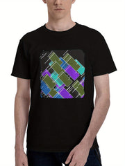 Abstract-Geometry Shapes Oled 180G 100% Cotton Printed Round Neck Short-Sleeve T-Shirt, Christmas Gifts for Men Dad Husband Grandpa, S-XXXL, Black