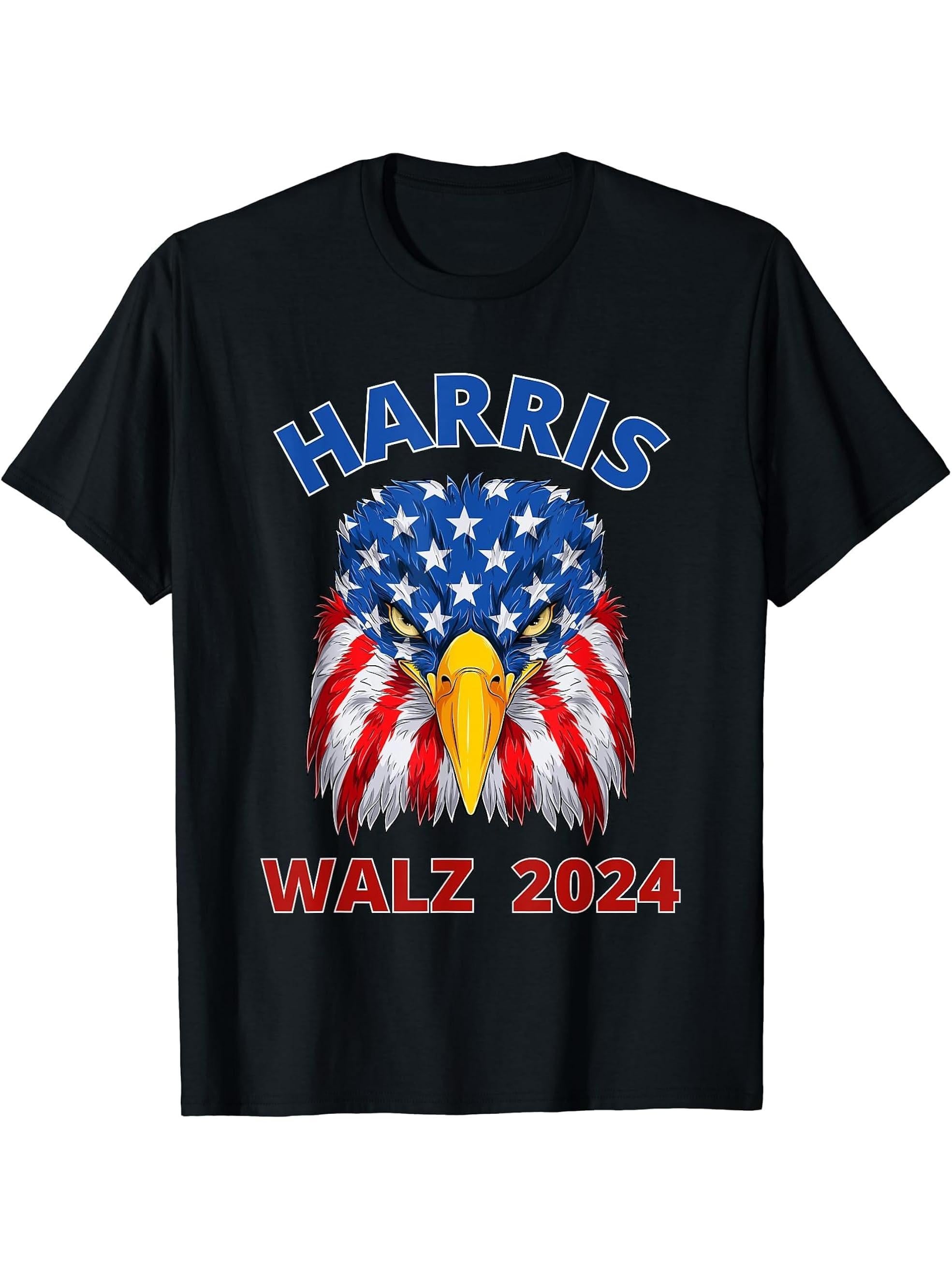 Harris Walz 2024 Patriotic American Bald Eagle Election T-Shirt 180G 100% Cotton Printed Round Neck Short-Sleeve T-Shirt, Gifts for Men Dad Husband Grandpa, S-XXXL, Black